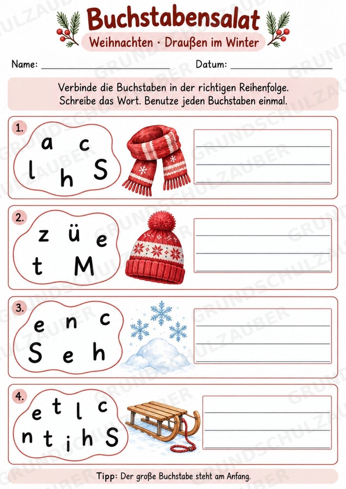 Buchstabensalat Weihnachten & Winter | Weihnachtswörter bilden | 5 Arbeitsblätter Deutsch Grundschule für den Advent – Materialseite 5