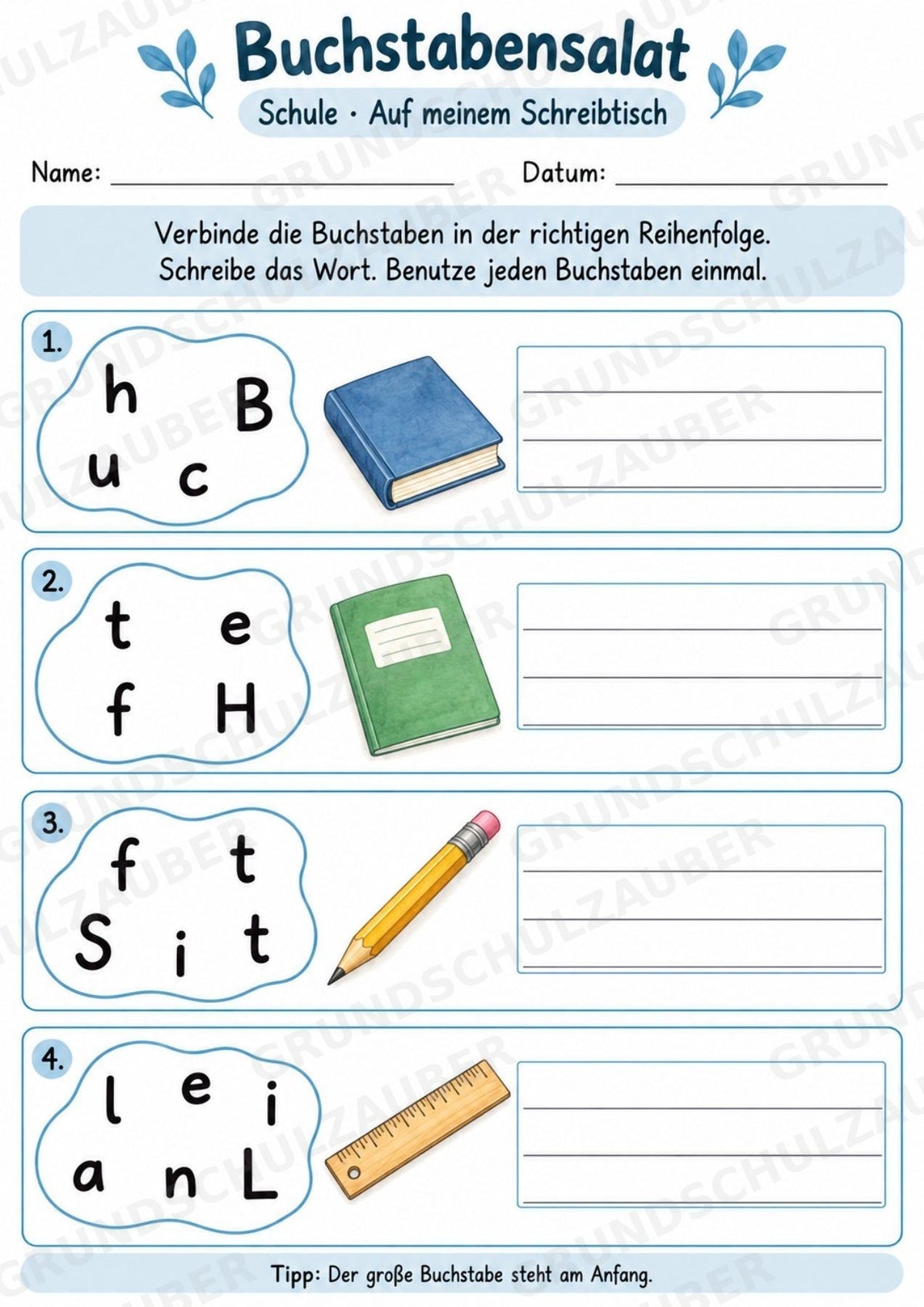 Buchstabensalat Schule & Schulsachen | Schulwortschatz üben & Wörter bilden | 5 Arbeitsblätter Deutsch und DaZ Grundschule – Materialseite 2