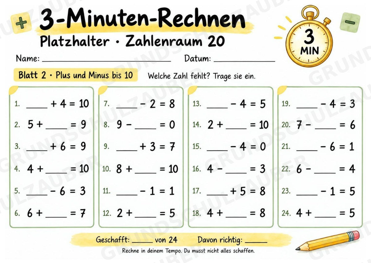 Titel: 3-Minuten-Rechnen Platzhalter bis 20 | Ergänzungsaufgaben Plus und Minus | 10 Arbeitsblätter Kopfrechnen Grundschule – Materialseite 3