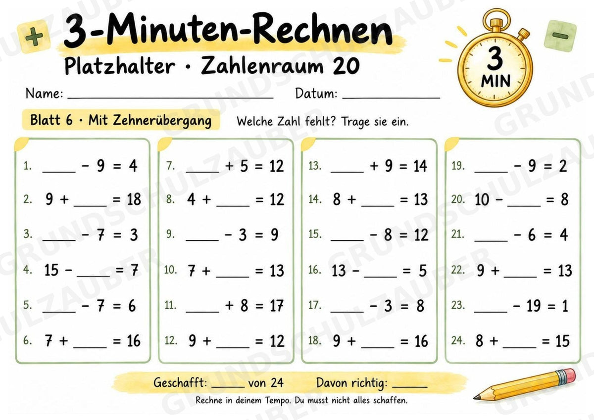 Titel: 3-Minuten-Rechnen Platzhalter bis 20 | Ergänzungsaufgaben Plus und Minus | 10 Arbeitsblätter Kopfrechnen Grundschule – Materialseite 7