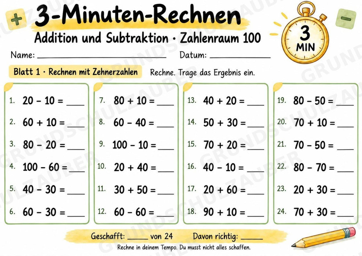 3-Minuten-Rechnen im Zahlenraum 100 | Addition & Subtraktion, Kopfrechnen – 10 Mathe-Arbeitsblätter für Klasse 2 – Materialseite 2