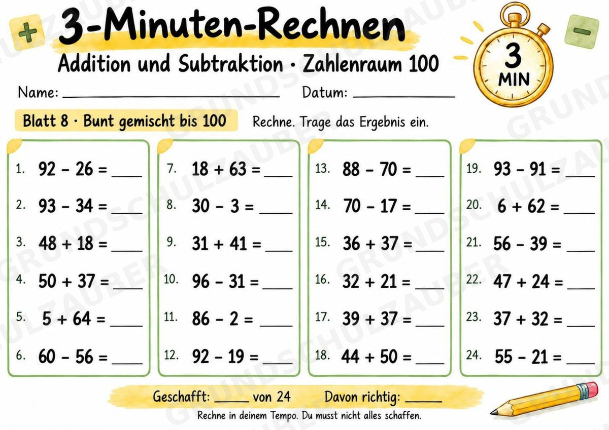 3-Minuten-Rechnen im Zahlenraum 100 | Addition & Subtraktion, Kopfrechnen – 10 Mathe-Arbeitsblätter für Klasse 2 – Materialseite 9