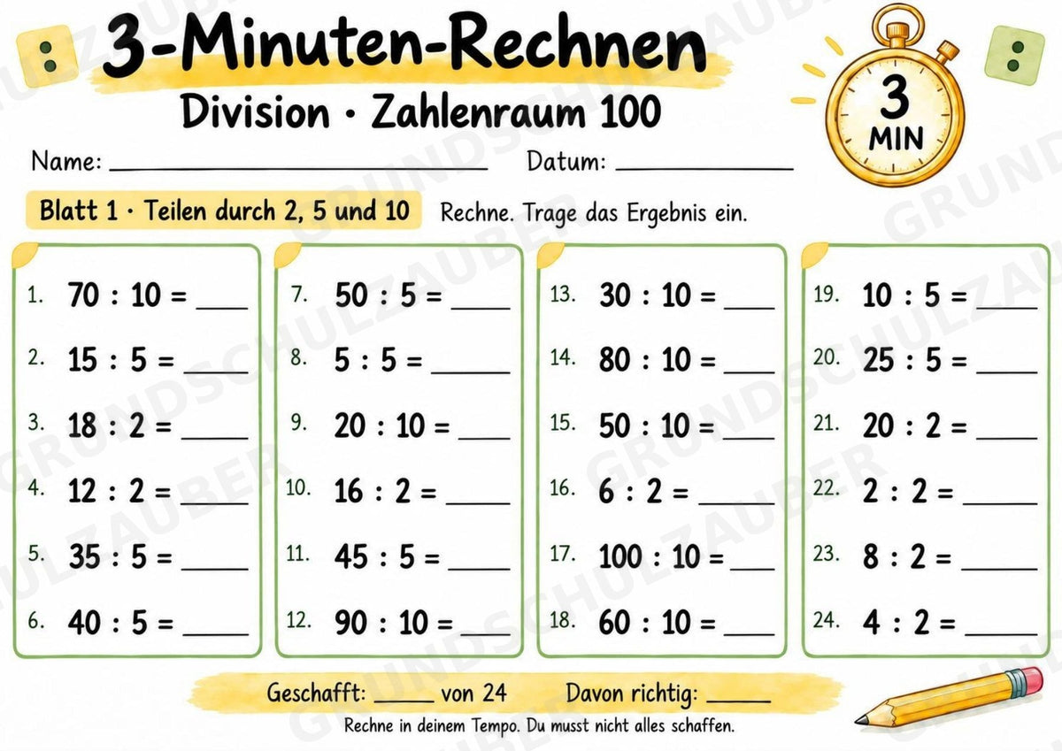 3-Minuten-Rechnen: Division im Zahlenraum 100 | Teilen ohne Rest – 10 Arbeitsblätter für Klasse 2–3 – Materialseite 2