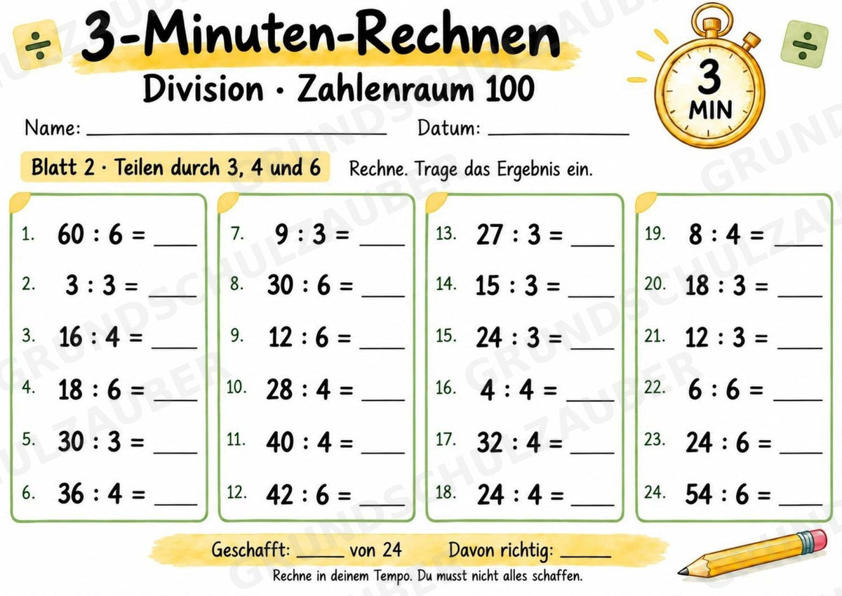 3-Minuten-Rechnen: Division im Zahlenraum 100 | Teilen ohne Rest – 10 Arbeitsblätter für Klasse 2–3 – Materialseite 3