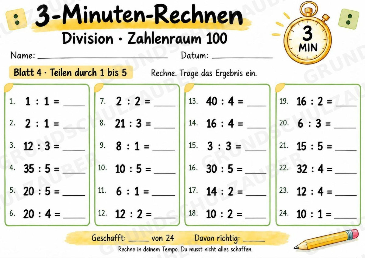 3-Minuten-Rechnen: Division im Zahlenraum 100 | Teilen ohne Rest – 10 Arbeitsblätter für Klasse 2–3 – Materialseite 5