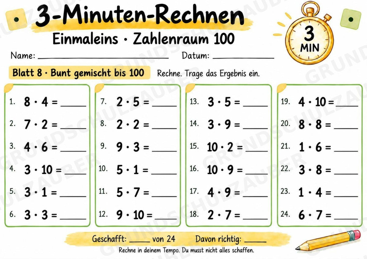 3-Minuten-Rechnen: Einmaleins bis 100 | Kleines 1×1 & Multiplikation – 10 Arbeitsblätter für Klasse 2–3 – Materialseite 9