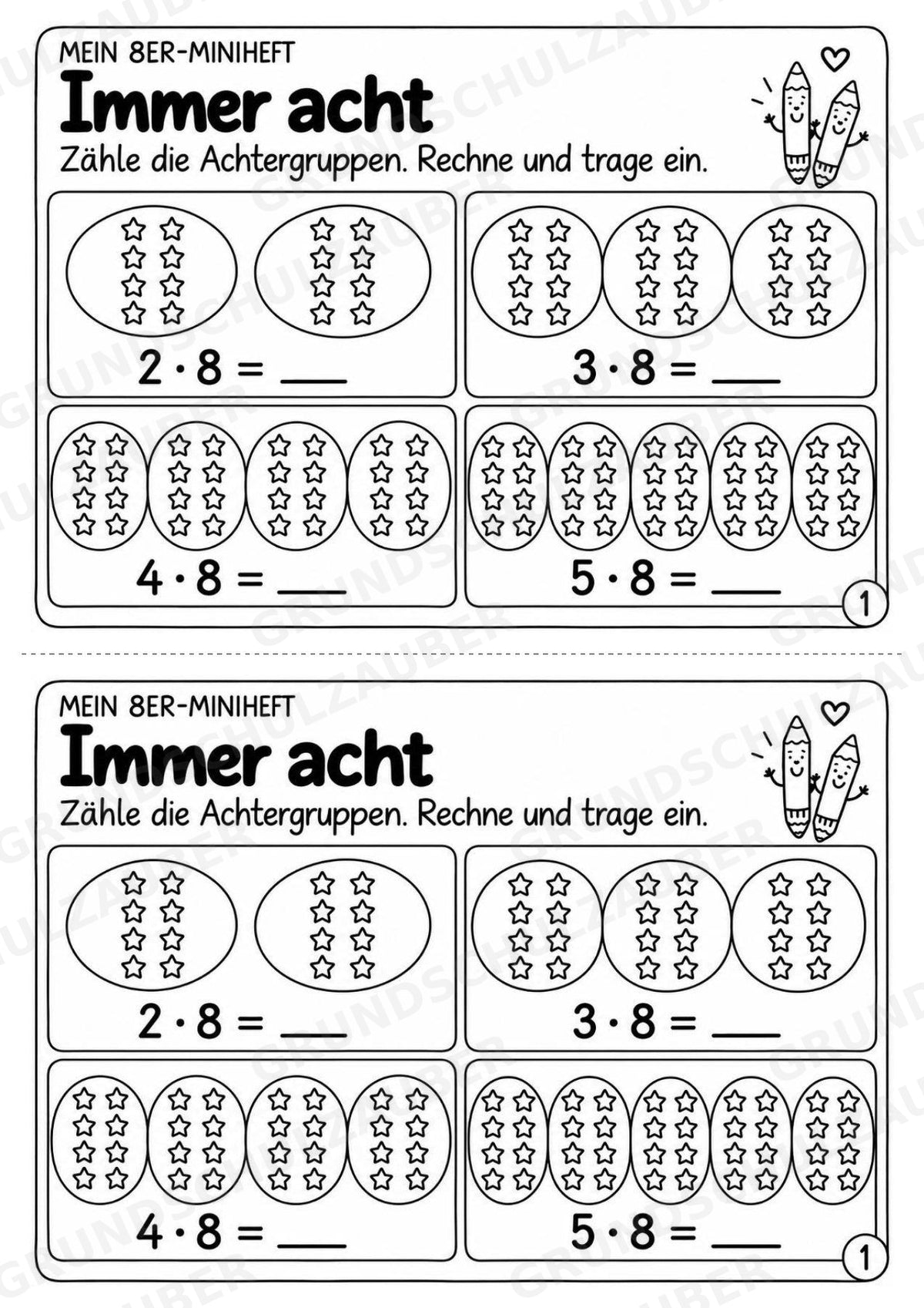 Miniheft 8er-Reihe – Einmaleins üben mit Malaufgaben & Rechengeschichten | Mathe Klasse 2 | 10 Heftseiten – Materialseite 3