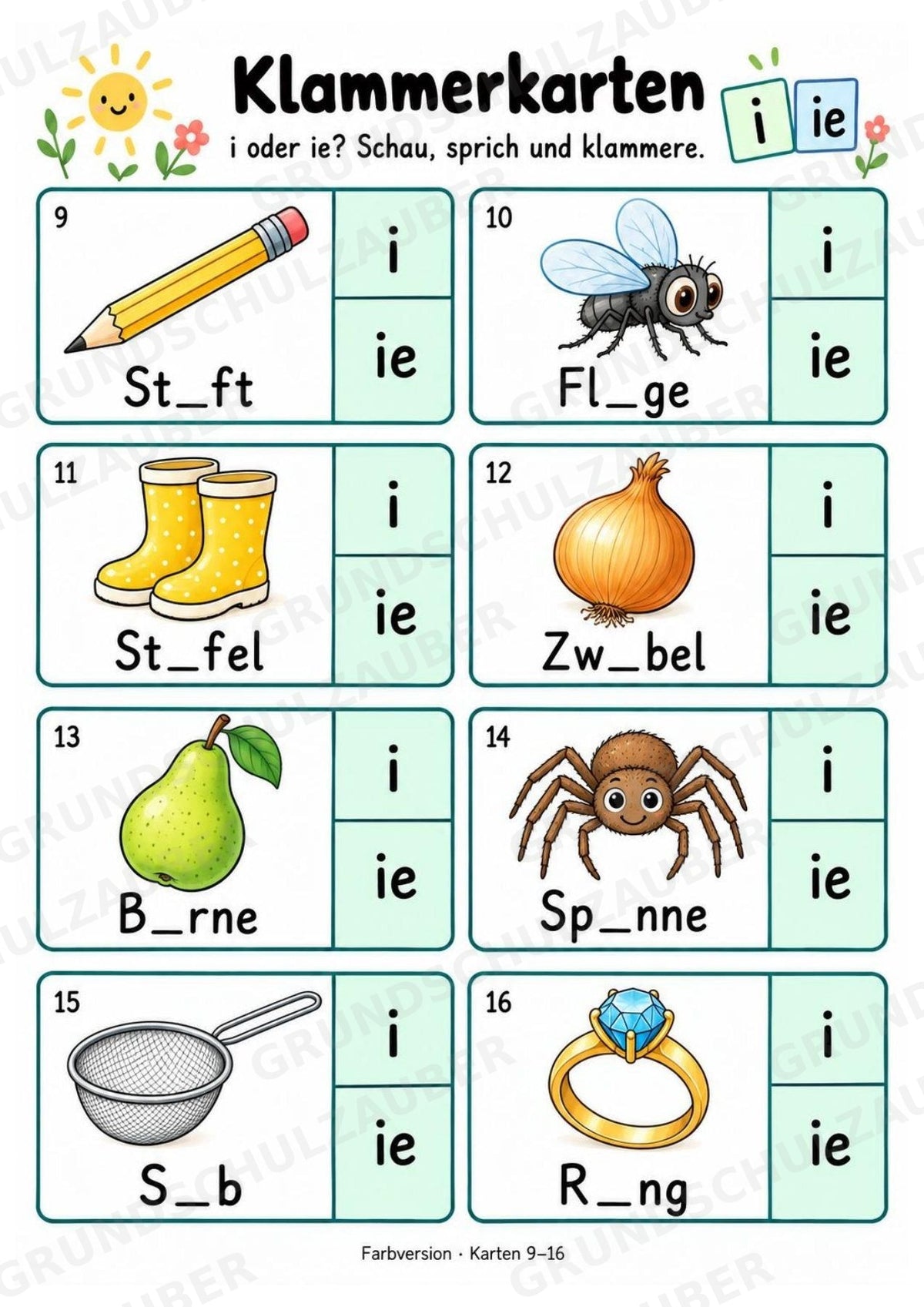Klammerkarten i oder ie – 24 Bildkarten zur Rechtschreibung | Dehnungs-ie üben | Deutsch Klasse 2–3 – Materialseite 4