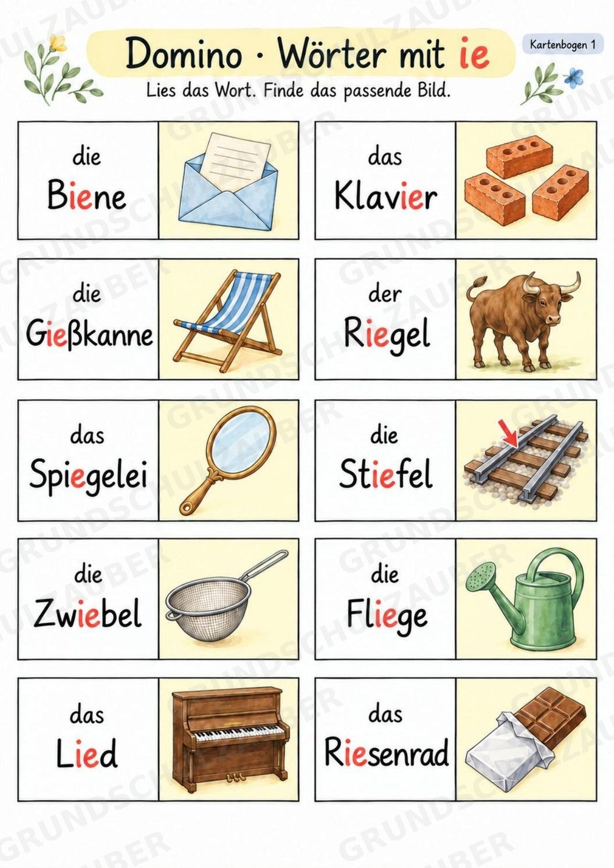 Domino Wörter mit ie – 20 Wort-Bild-Karten | Lesespiel & Rechtschreibung | Deutsch Klasse 2–3 – Materialseite 3