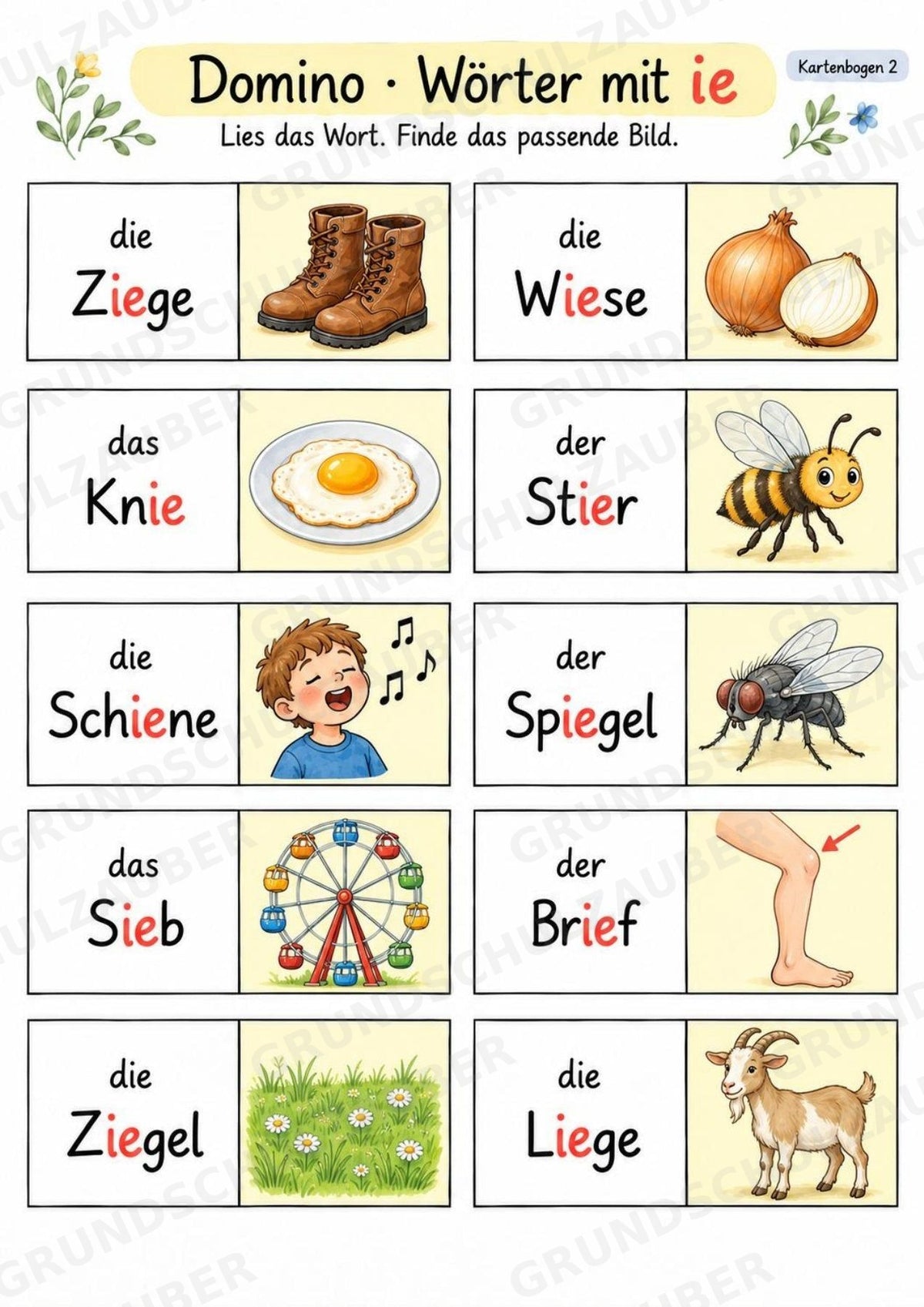 Domino Wörter mit ie – 20 Wort-Bild-Karten | Lesespiel & Rechtschreibung | Deutsch Klasse 2–3 – Materialseite 4