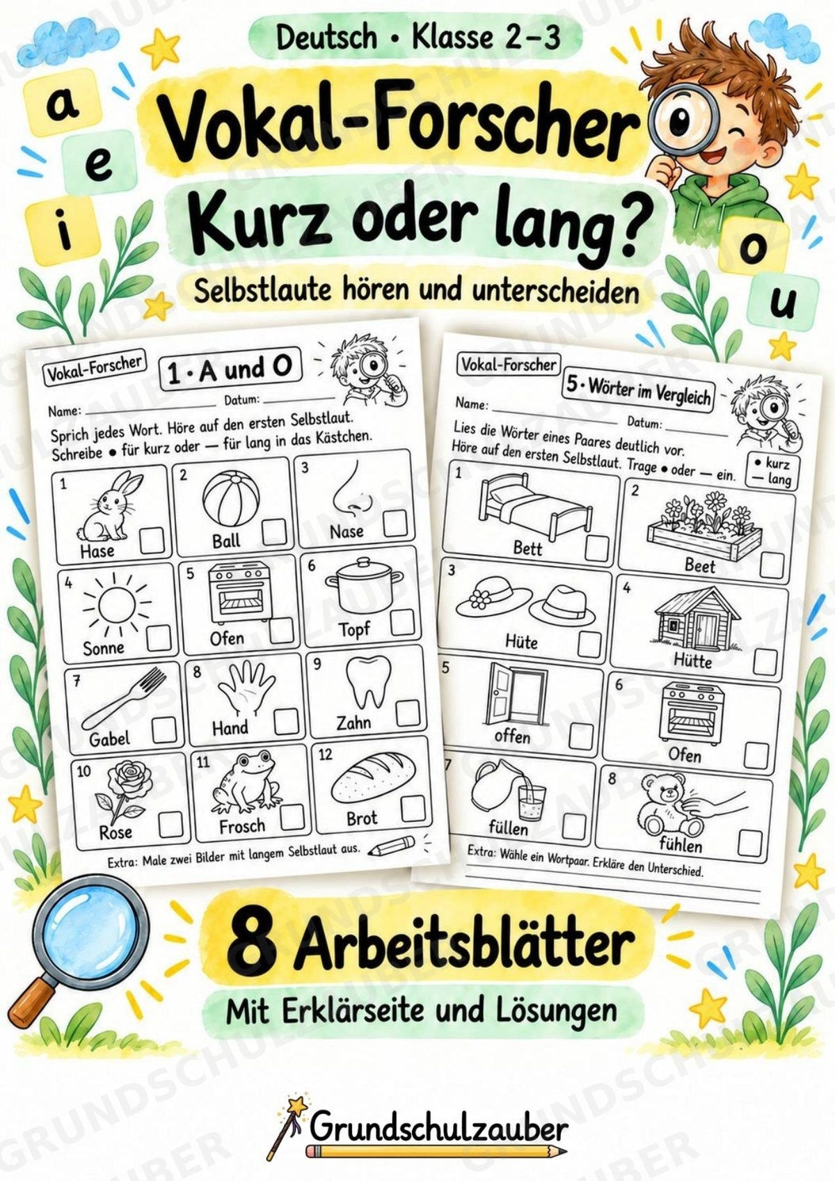 Kurze und lange Vokale – 8 Arbeitsblätter zu Selbstlauten und Umlauten | Deutsch Klasse 2–3 – Cover