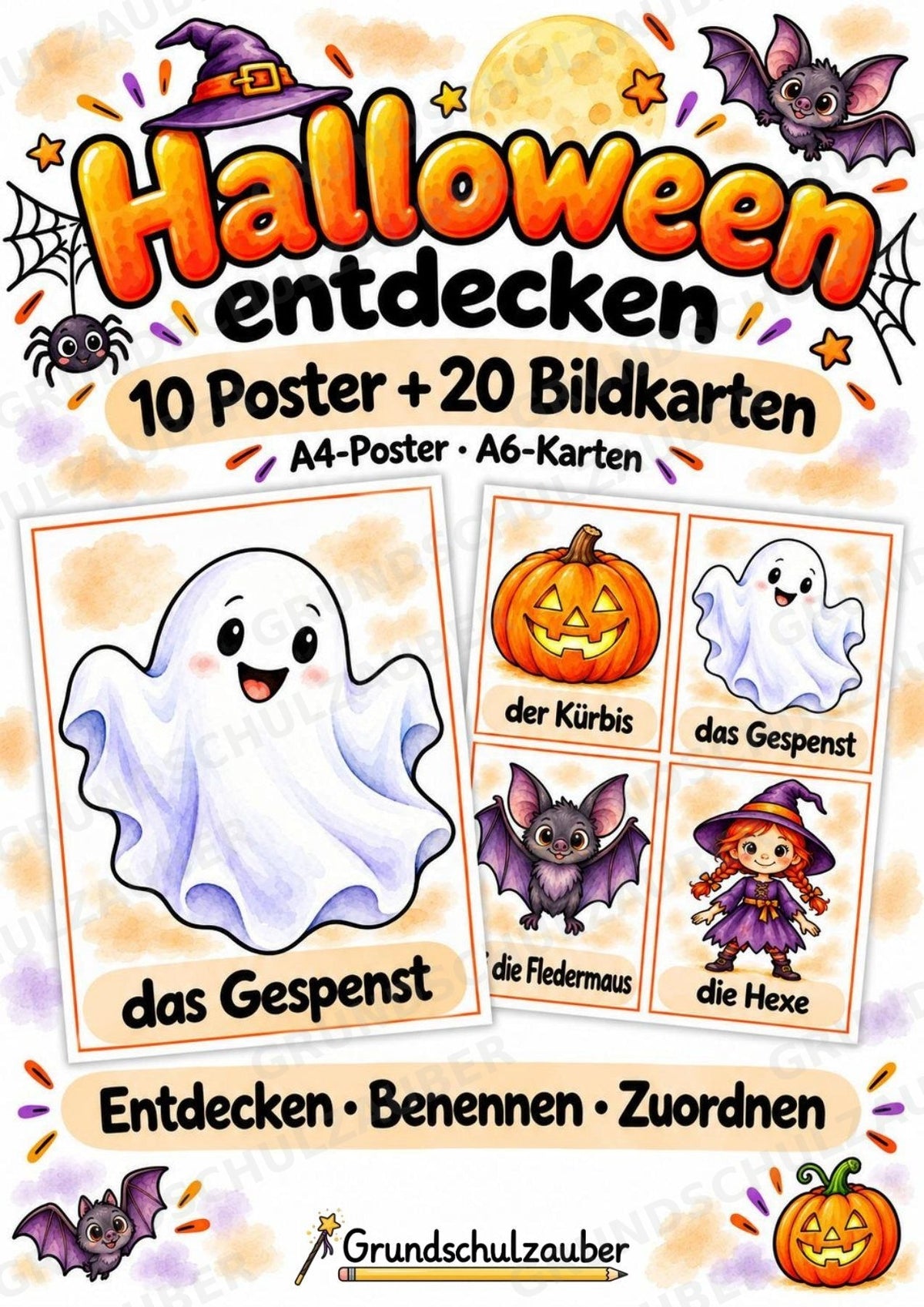 Halloween Bildkarten & Poster für die Grundschule | 10 A4-Poster + 20 A6-Karten für Wortschatz, Sprachförderung & DaZ – Cover