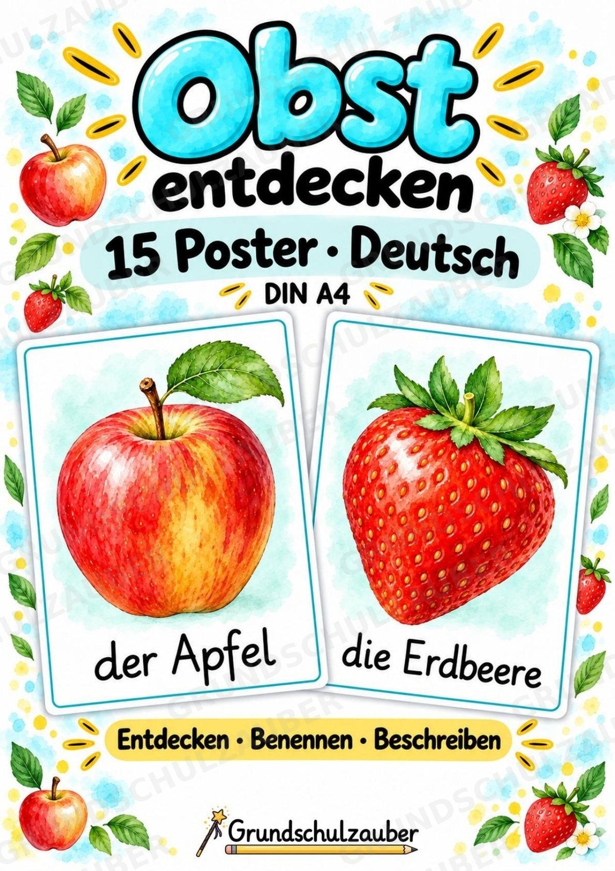 Obst Poster Deutsch: 15 Lernposter DIN A4 in Grundschrift | Wortschatz, DaZ und Sachunterricht Grundschule – Cover