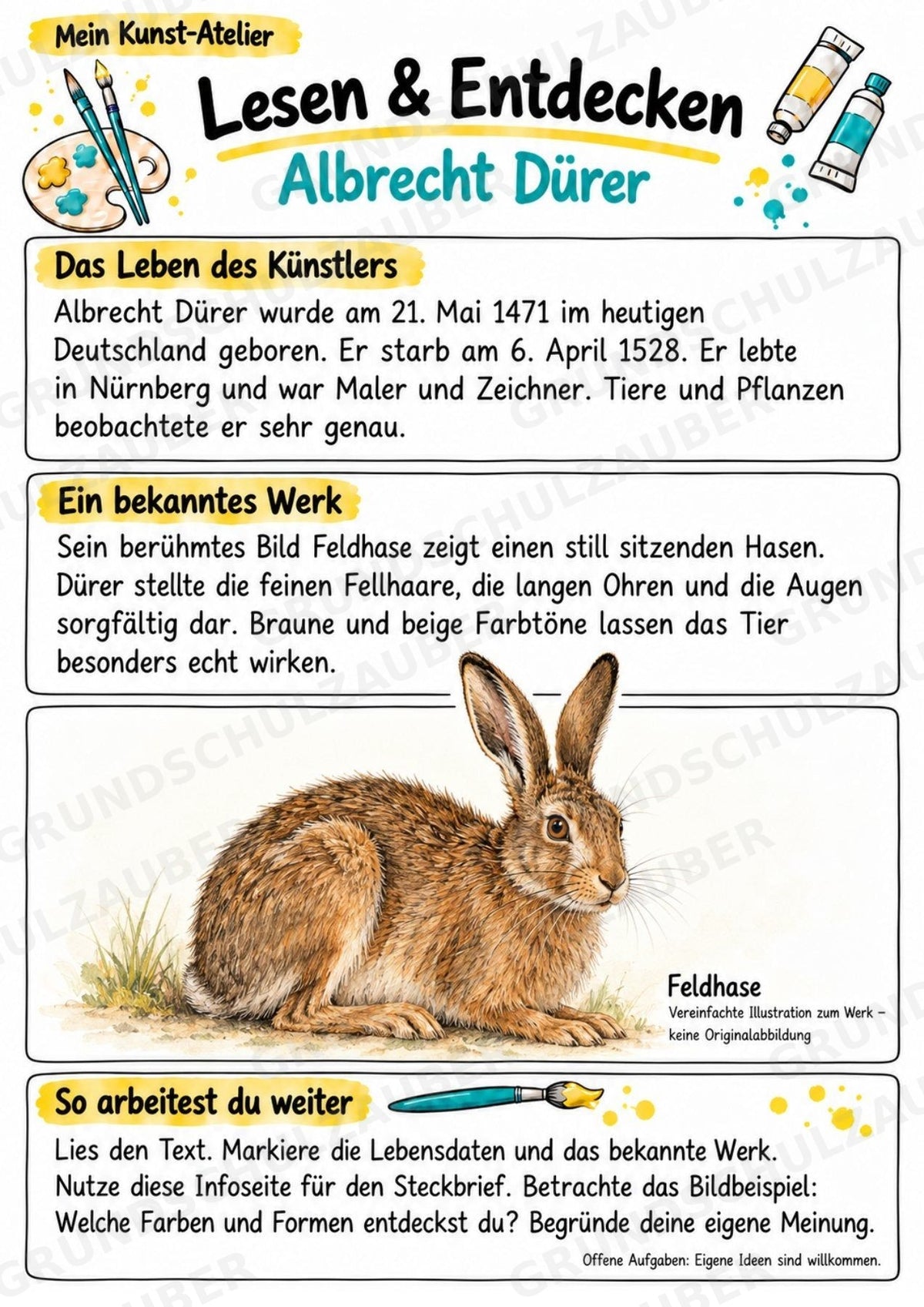 Albrecht Dürer – Künstler-Steckbrief & Infotext | Kunstunterricht Grundschule Klasse 4–5 | Arbeitsblätter mit Lösungen – Materialseite 2