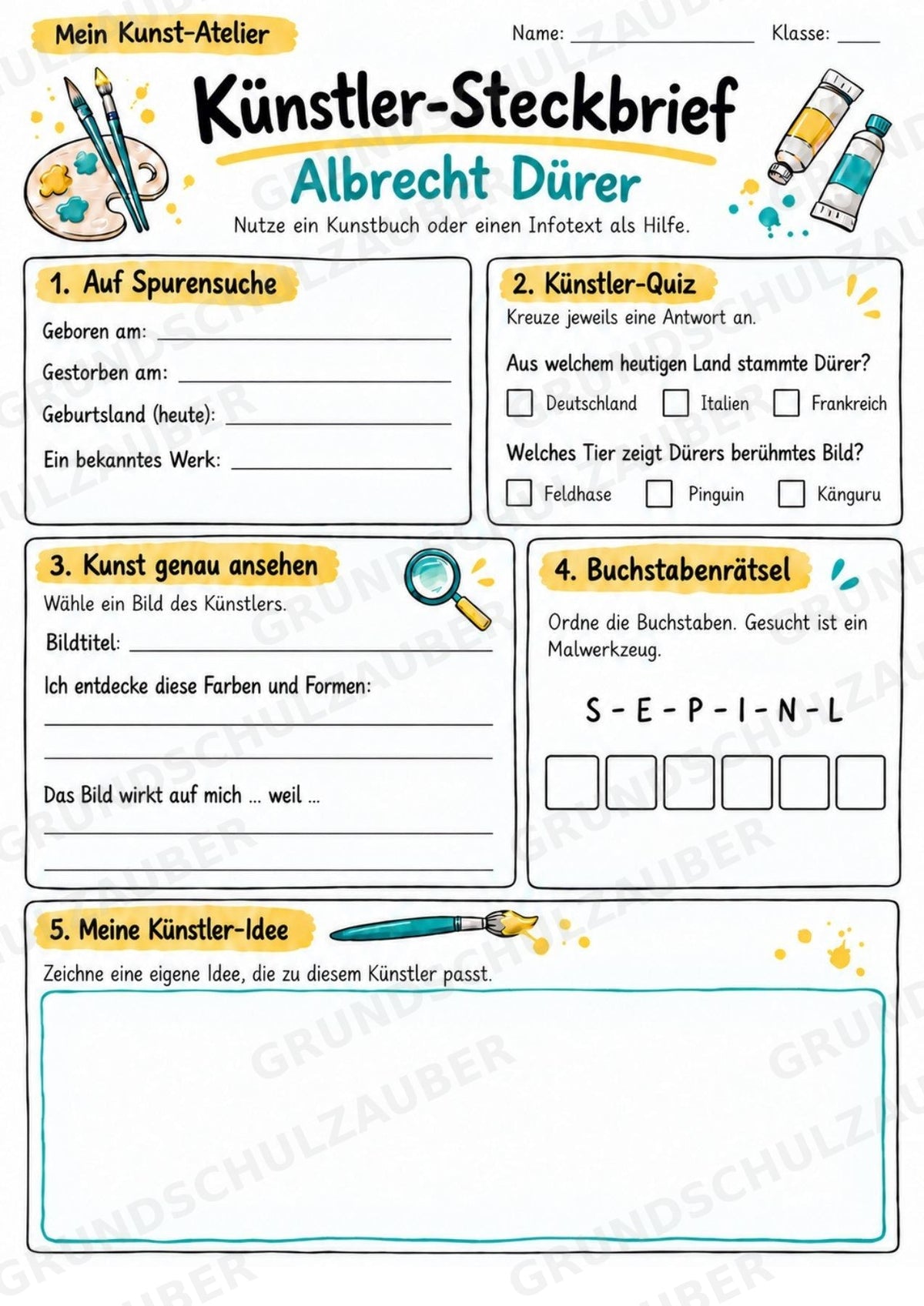 Albrecht Dürer – Künstler-Steckbrief & Infotext | Kunstunterricht Grundschule Klasse 4–5 | Arbeitsblätter mit Lösungen – Materialseite 3