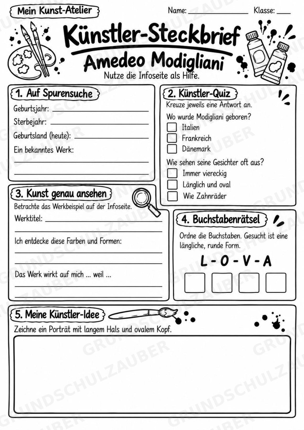 Amedeo Modigliani – Künstler-Steckbrief & Infotext | Kunstunterricht Grundschule Klasse 4–5 | Arbeitsblätter mit Lösungen – Materialseite 4
