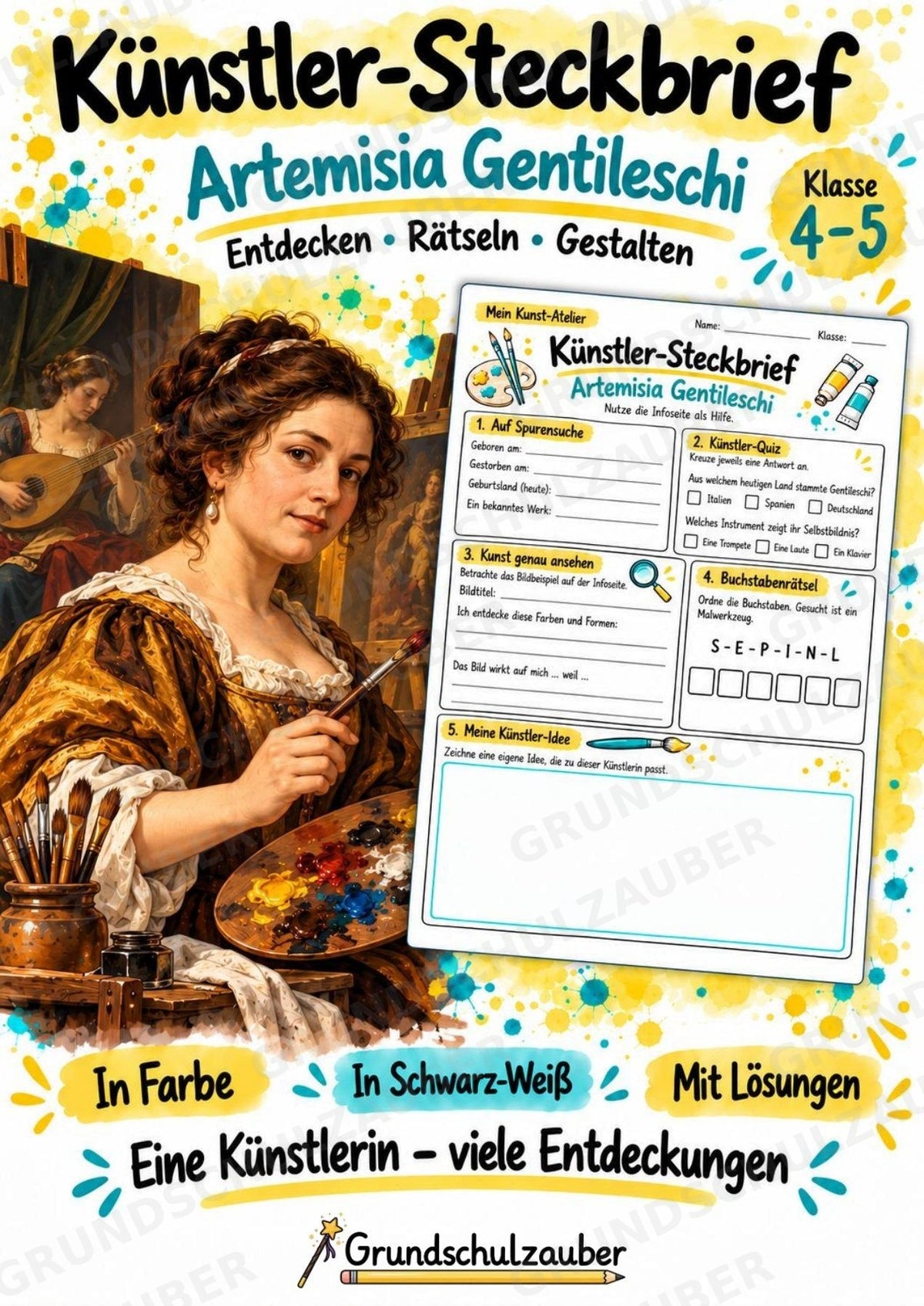 Artemisia Gentileschi – Künstler-Steckbrief & Infotext | Kunstunterricht Grundschule Klasse 4–5 | Arbeitsblätter mit Lösungen – Cover
