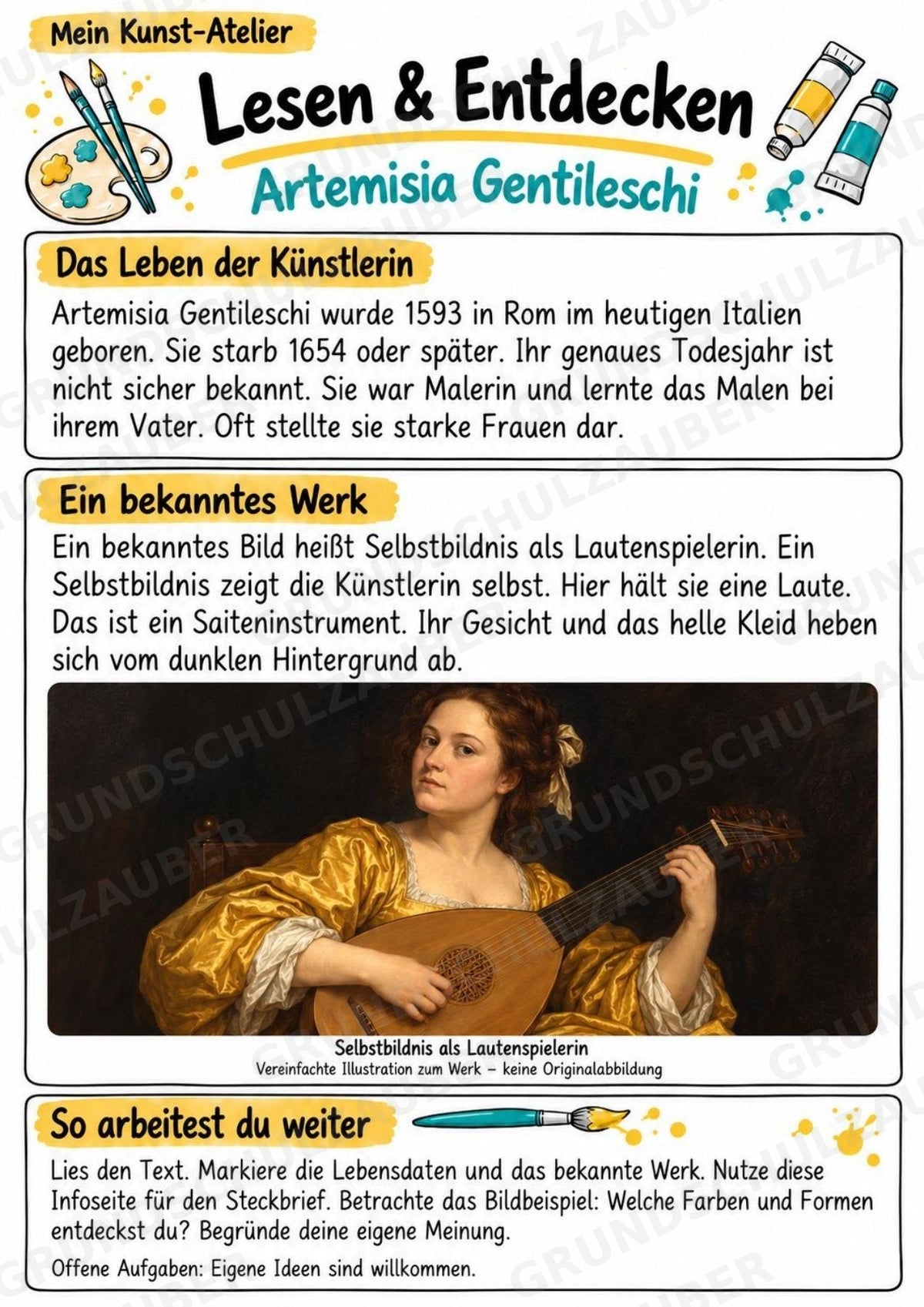 Artemisia Gentileschi – Künstler-Steckbrief & Infotext | Kunstunterricht Grundschule Klasse 4–5 | Arbeitsblätter mit Lösungen – Materialseite 2