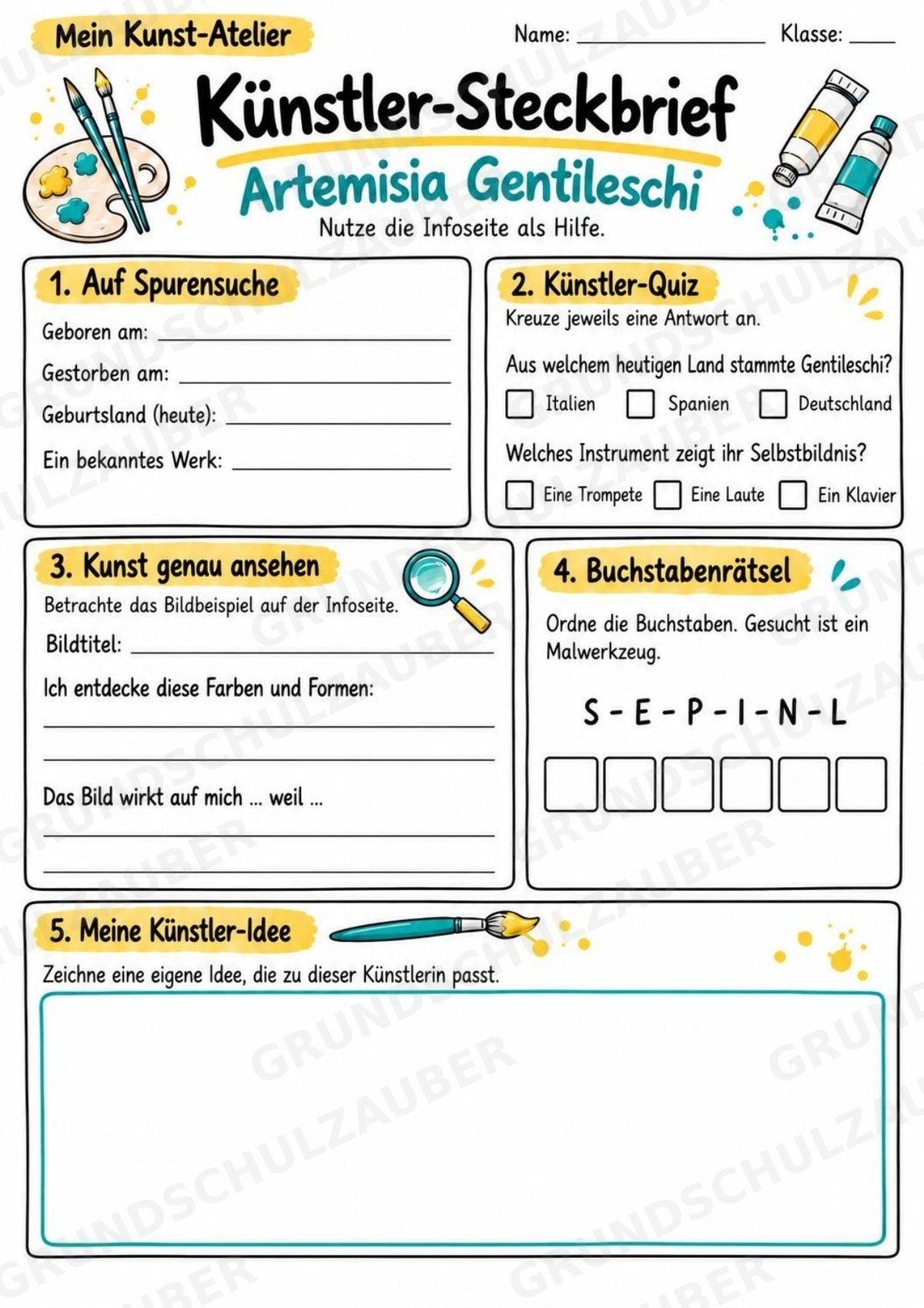 Artemisia Gentileschi – Künstler-Steckbrief & Infotext | Kunstunterricht Grundschule Klasse 4–5 | Arbeitsblätter mit Lösungen – Materialseite 3