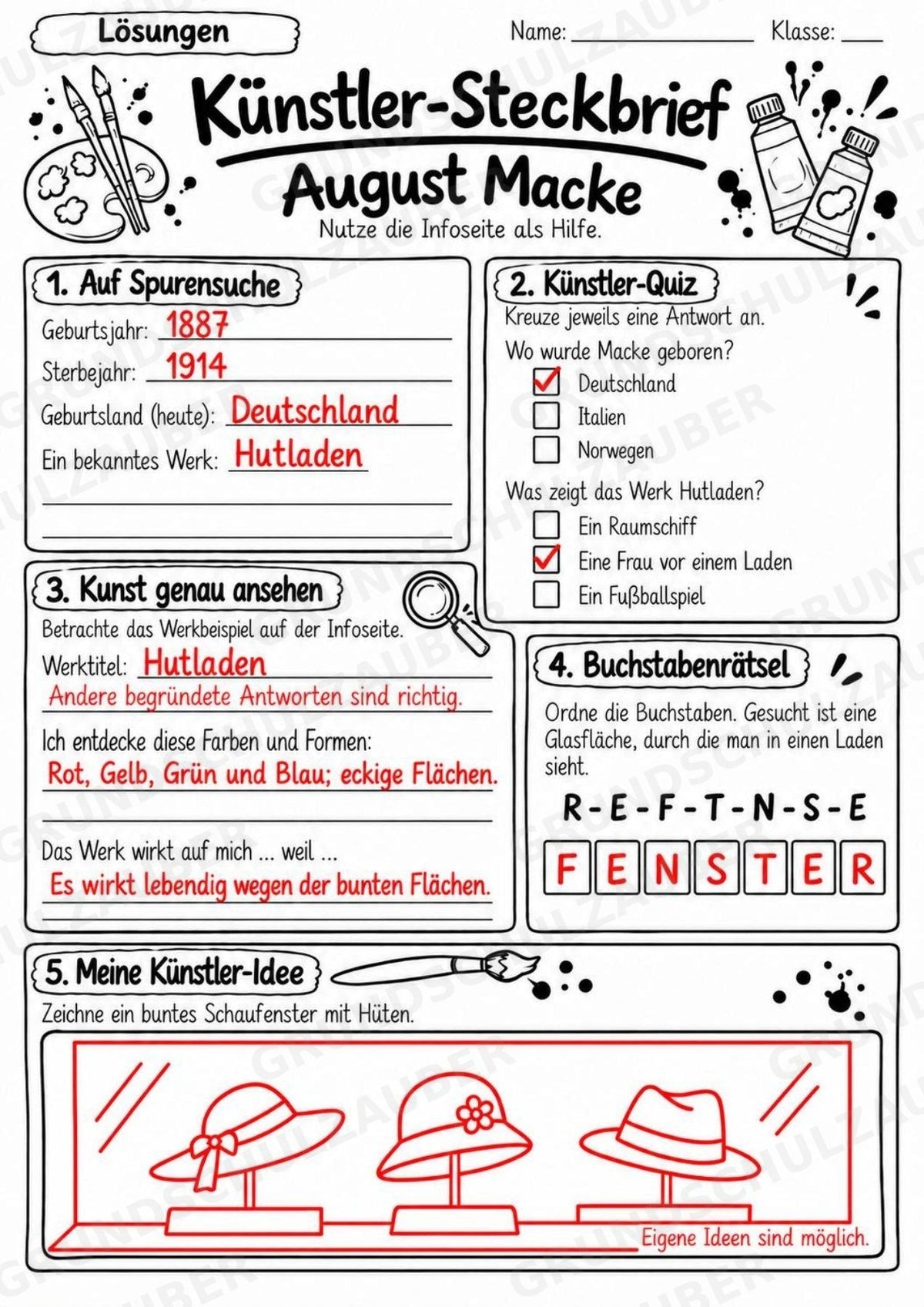 August Macke – Künstler-Steckbrief & Infotext | Kunstunterricht Grundschule Klasse 4–5 | Arbeitsblätter mit Lösungen – Materialseite 5