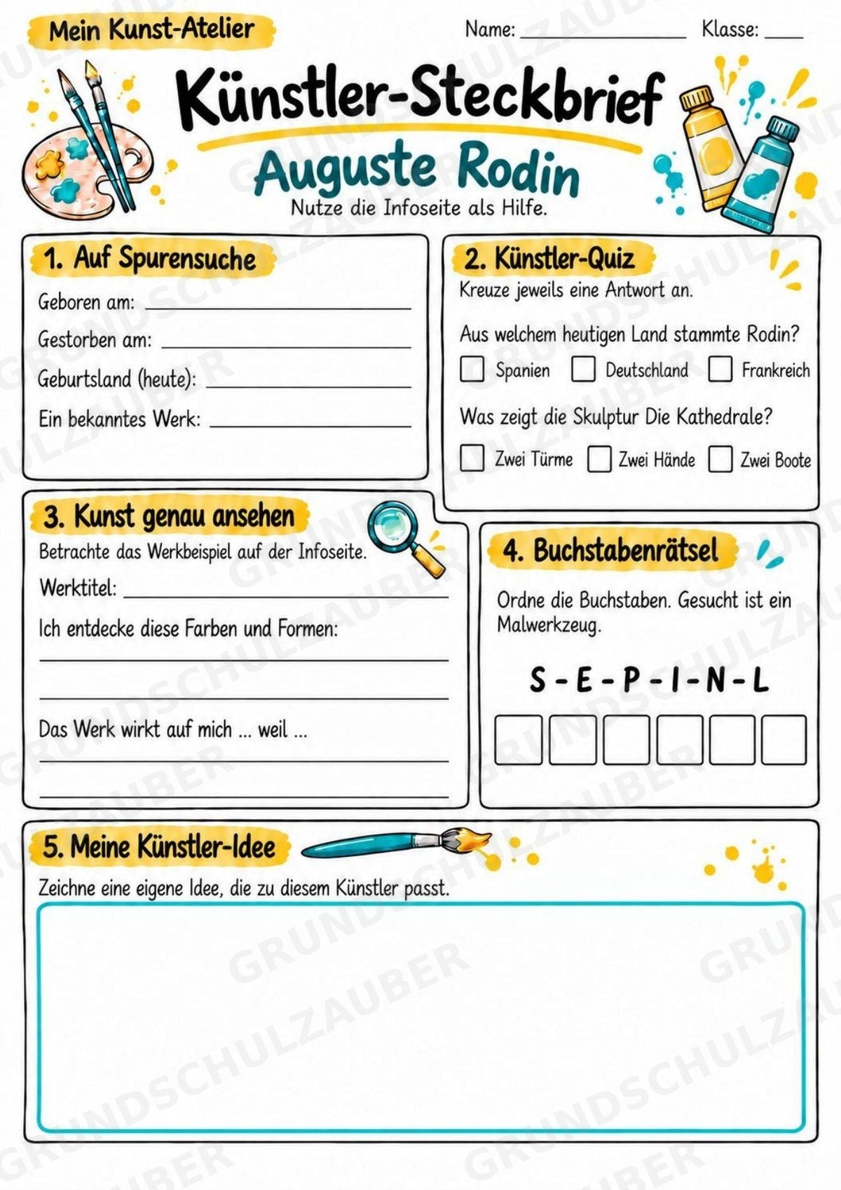 Auguste Rodin – Künstler-Steckbrief & Infotext | Kunstunterricht Grundschule Klasse 4–5 | Arbeitsblätter mit Lösungen – Materialseite 3