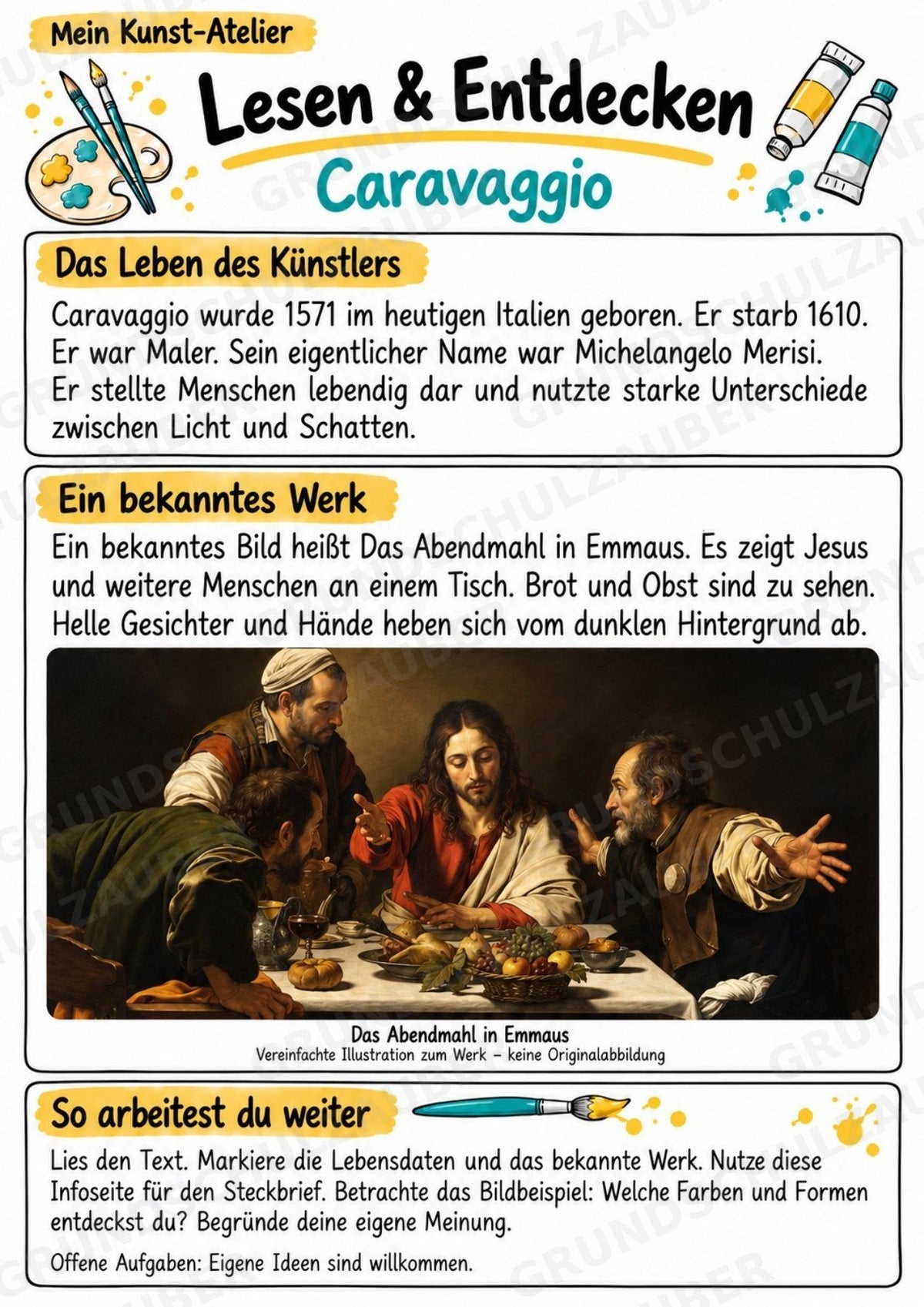 Caravaggio – Künstler-Steckbrief & Infotext | Kunstunterricht Grundschule Klasse 4–5 | Arbeitsblätter mit Lösungen – Materialseite 2
