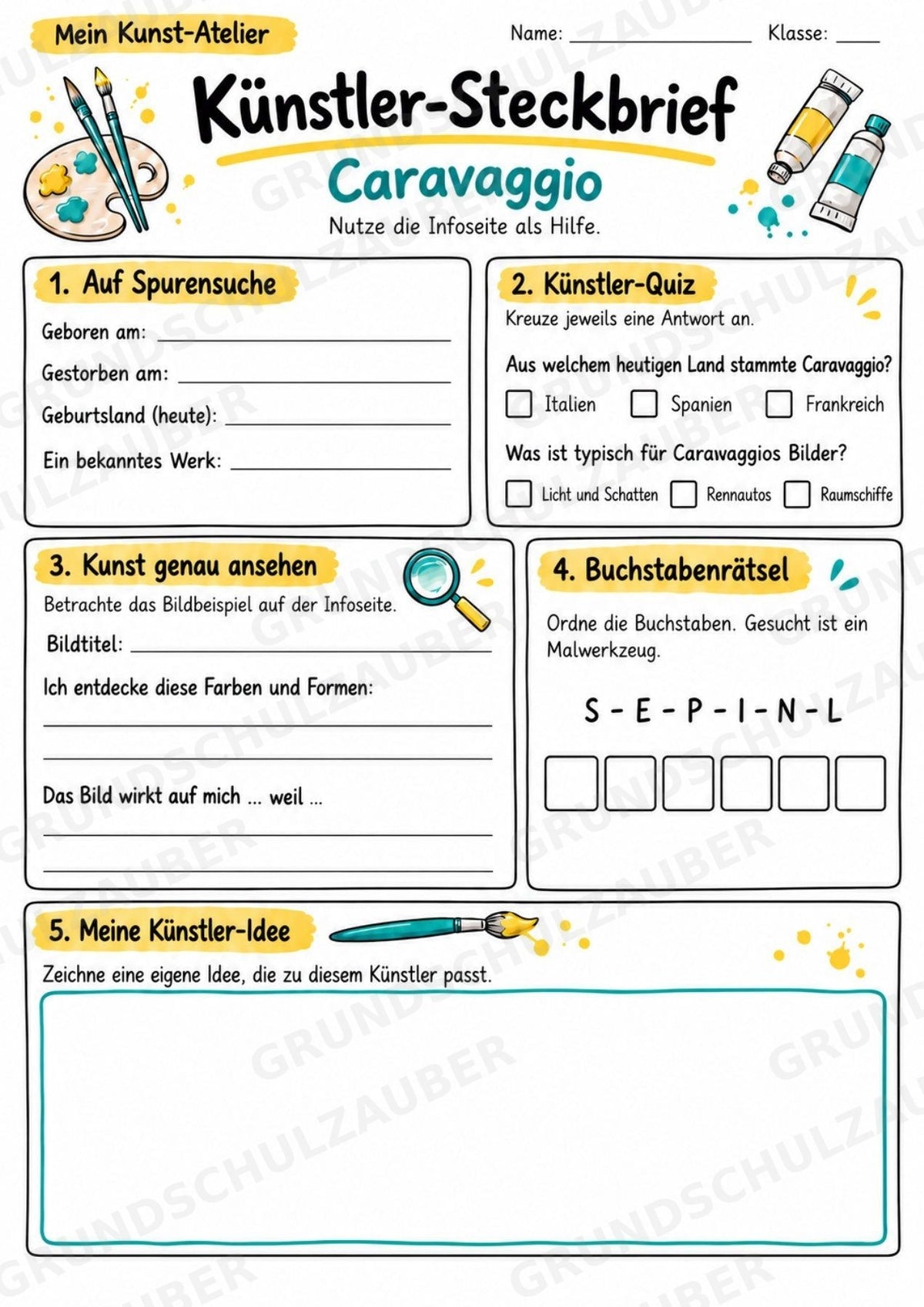 Caravaggio – Künstler-Steckbrief & Infotext | Kunstunterricht Grundschule Klasse 4–5 | Arbeitsblätter mit Lösungen – Materialseite 3