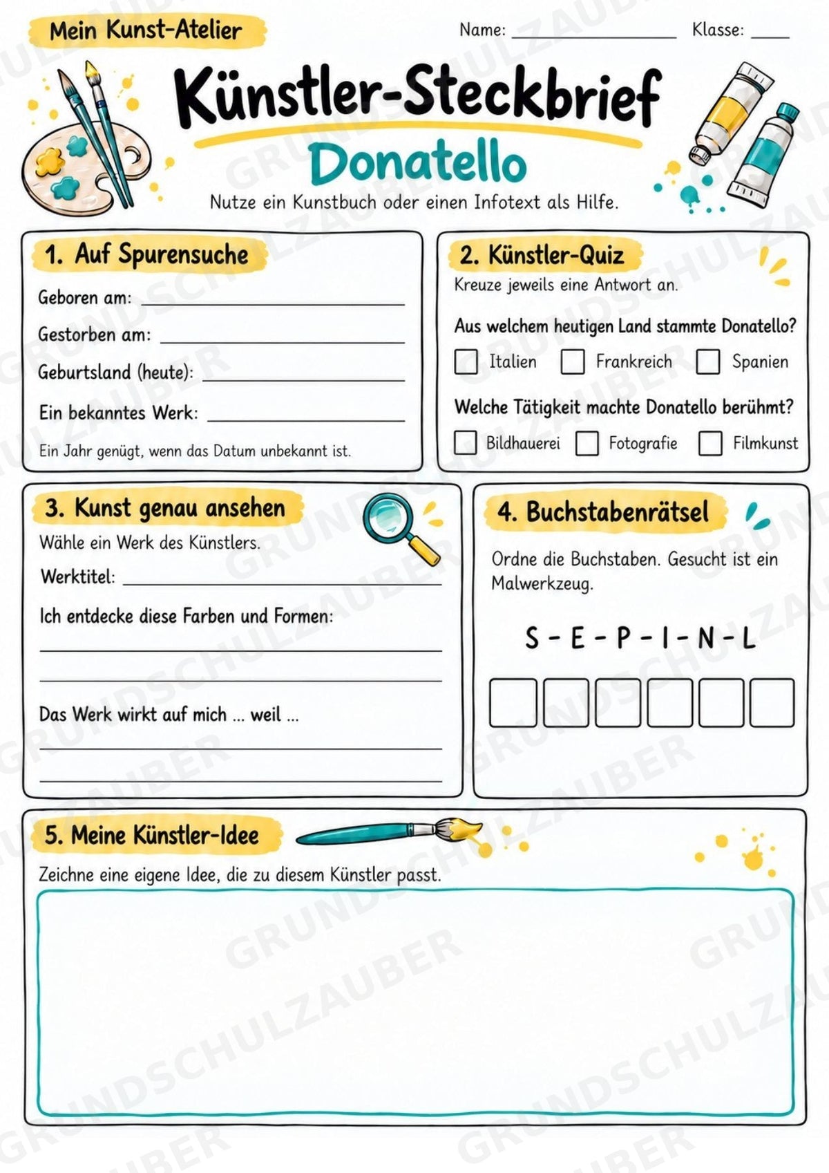 Donatello – Künstler-Steckbrief & Infotext | Kunstunterricht Grundschule Klasse 4–5 | Arbeitsblätter mit Lösungen – Materialseite 3