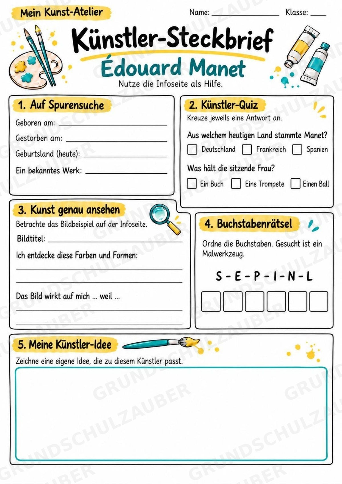 E douard Manet – Künstler-Steckbrief & Infotext | Kunstunterricht Grundschule Klasse 4–5 | Arbeitsblätter mit Lösungen – Materialseite 3