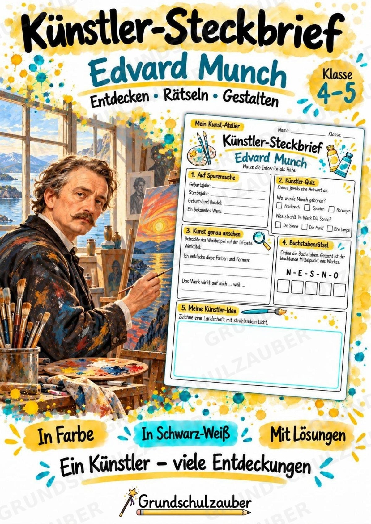 Edvard Munch – Künstler-Steckbrief & Infotext | Kunstunterricht Grundschule Klasse 4–5 | Arbeitsblätter mit Lösungen – Cover