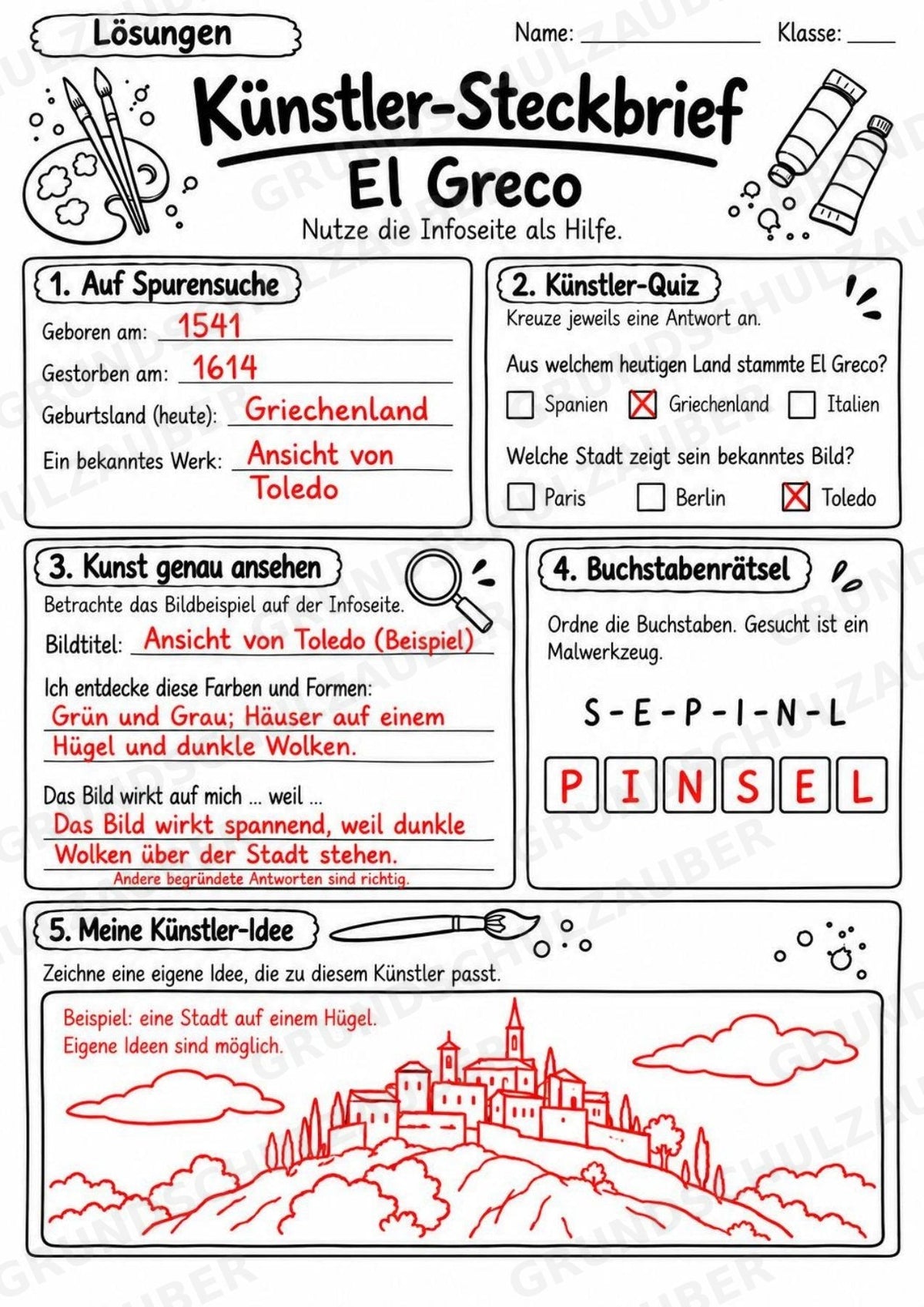 El Greco – Künstler-Steckbrief & Infotext | Kunstunterricht Grundschule Klasse 4–5 | Arbeitsblätter mit Lösungen – Materialseite 5