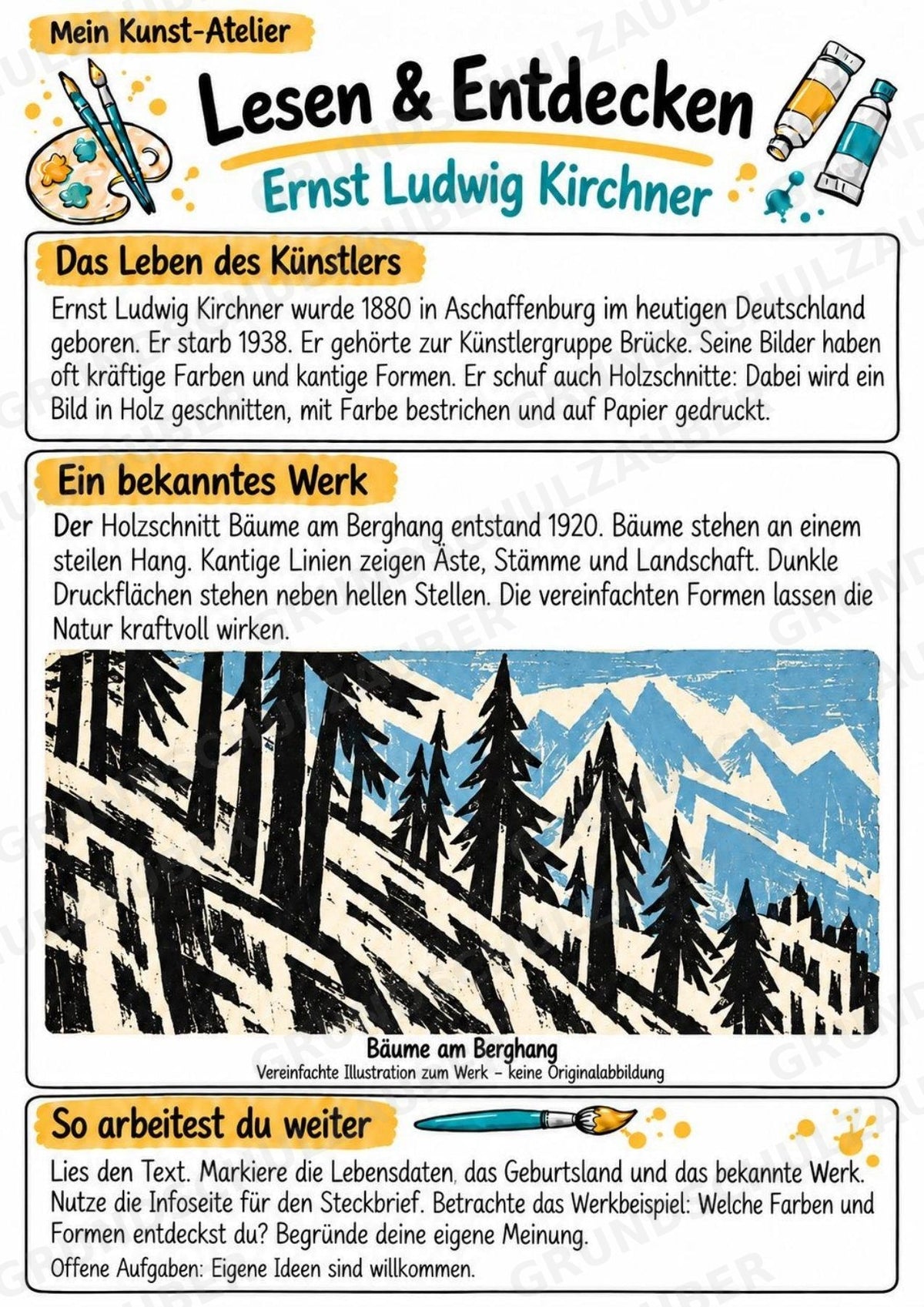 Ernst Ludwig Kirchner – Künstler-Steckbrief & Infotext | Kunstunterricht Grundschule Klasse 4–5 | Arbeitsblätter mit Lösungen – Materialseite 2