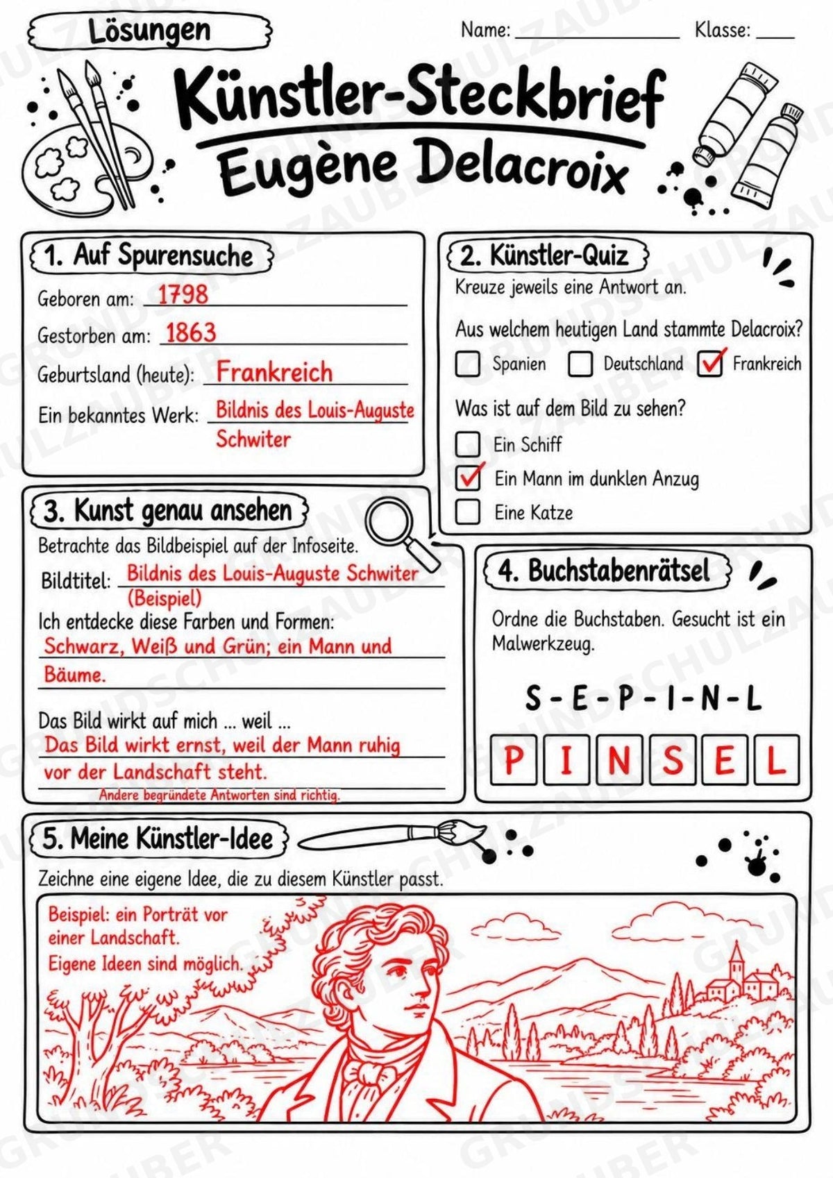Euge ne Delacroix – Künstler-Steckbrief & Infotext | Kunstunterricht Grundschule Klasse 4–5 | Arbeitsblätter mit Lösungen – Materialseite 5
