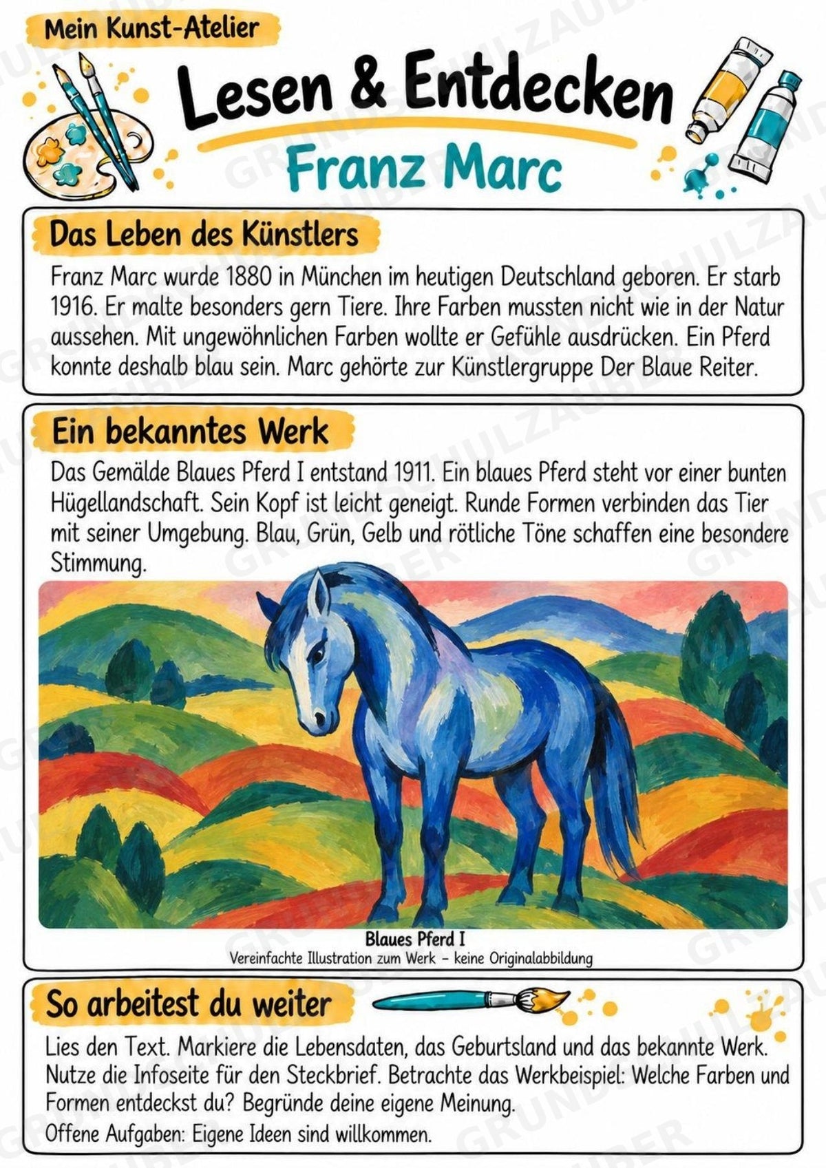 Franz Marc – Künstler-Steckbrief & Infotext | Kunstunterricht Grundschule Klasse 4–5 | Arbeitsblätter mit Lösungen – Materialseite 2