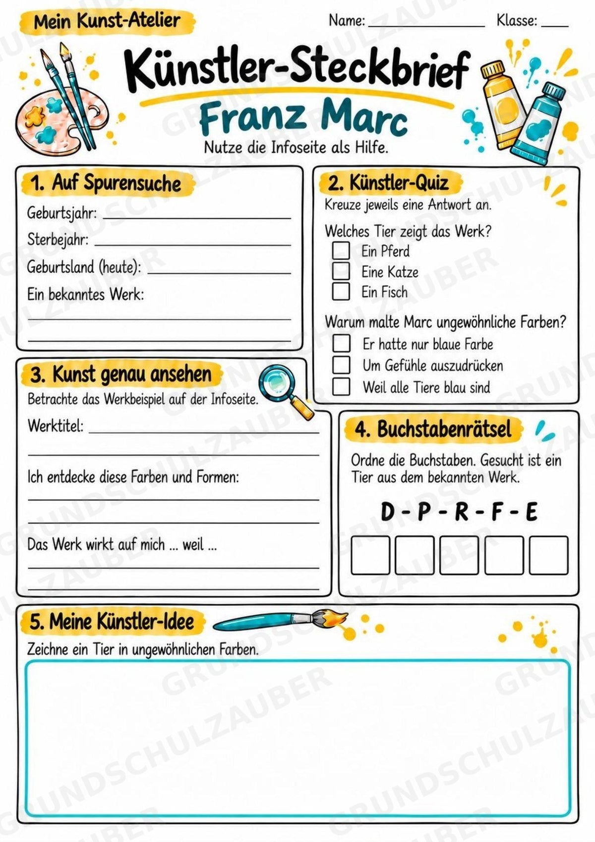 Franz Marc – Künstler-Steckbrief & Infotext | Kunstunterricht Grundschule Klasse 4–5 | Arbeitsblätter mit Lösungen – Materialseite 3