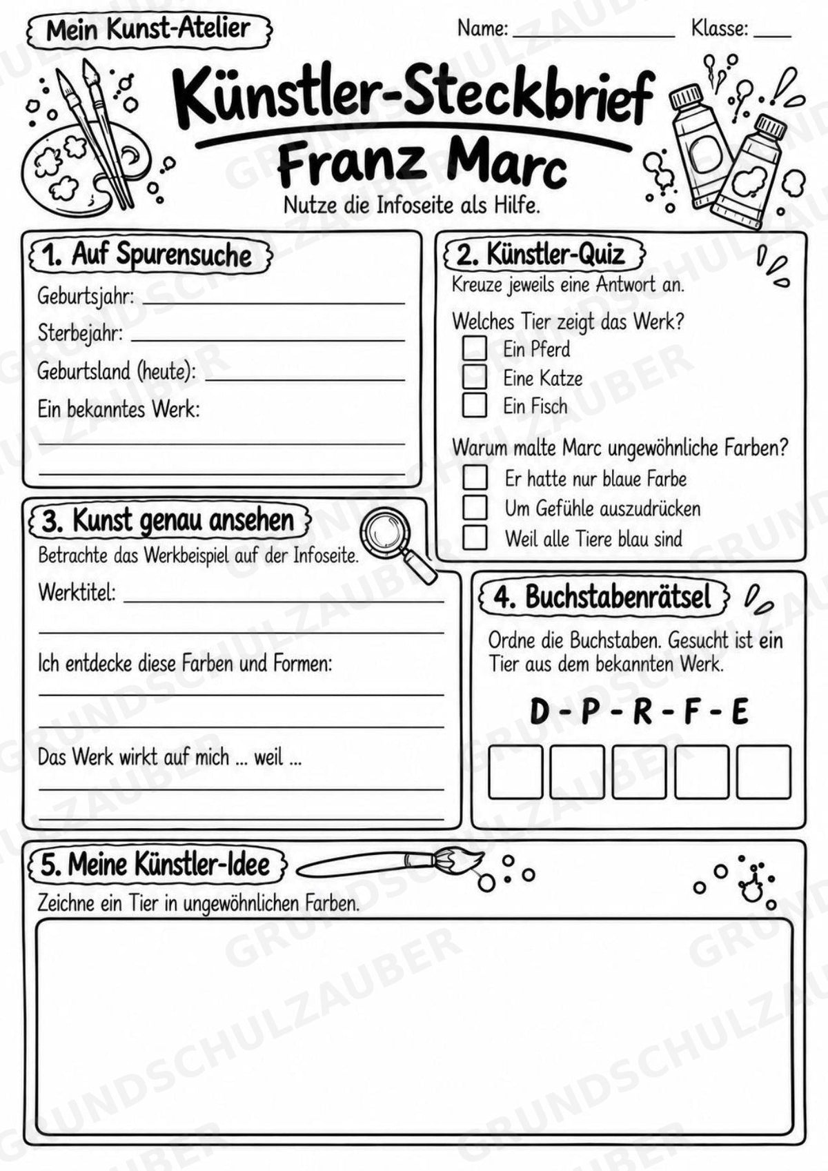 Franz Marc – Künstler-Steckbrief & Infotext | Kunstunterricht Grundschule Klasse 4–5 | Arbeitsblätter mit Lösungen – Materialseite 4