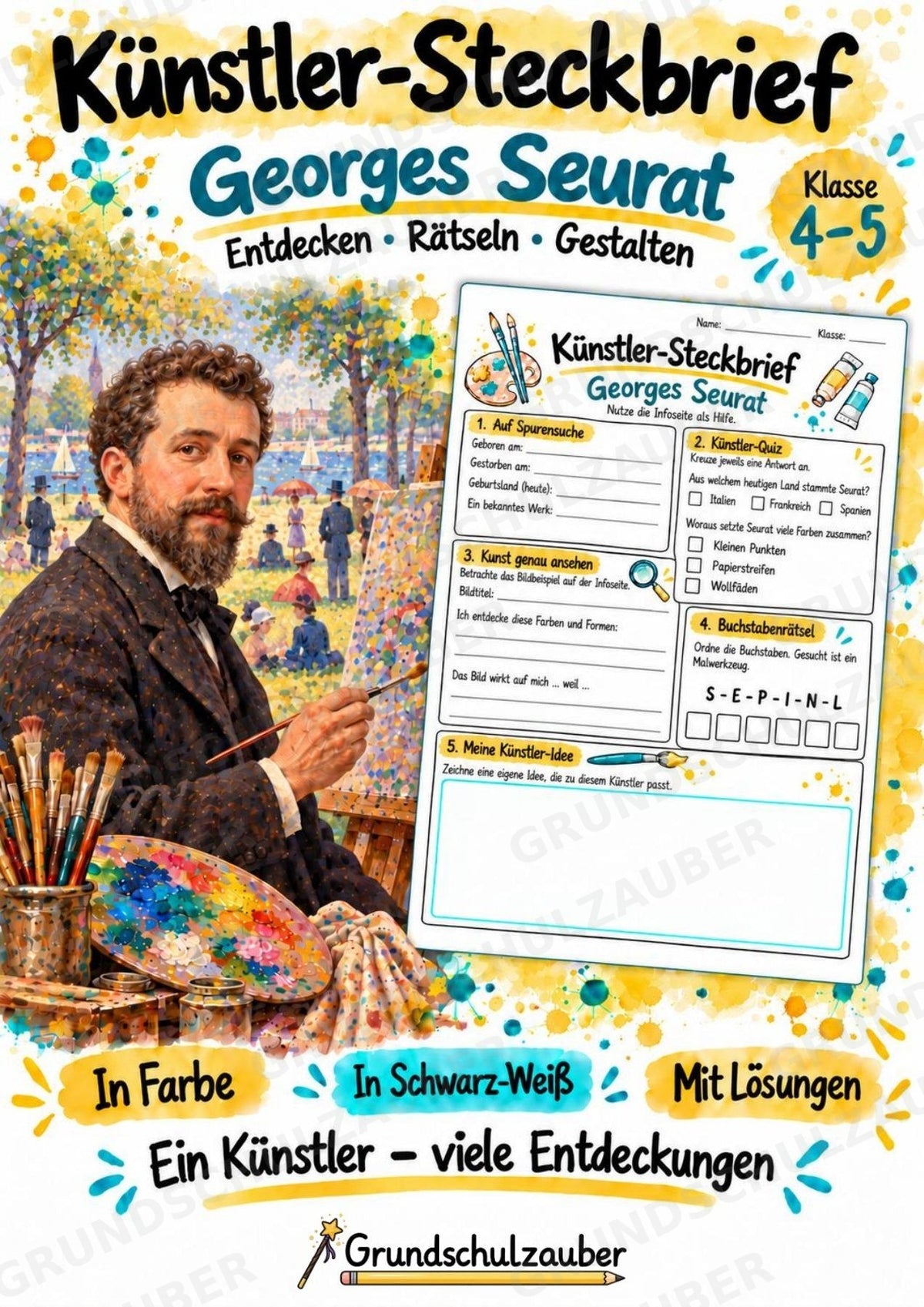 Georges Seurat – Künstler-Steckbrief & Infotext | Kunstunterricht Grundschule Klasse 4–5 | Arbeitsblätter mit Lösungen – Cover