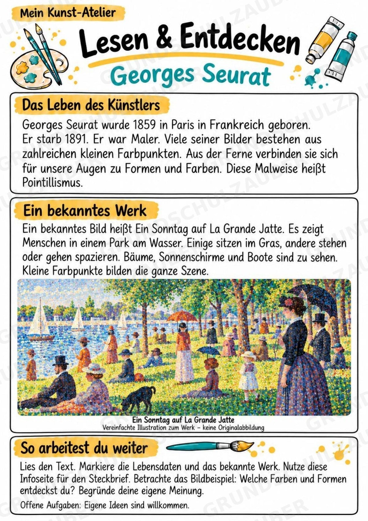 Georges Seurat – Künstler-Steckbrief & Infotext | Kunstunterricht Grundschule Klasse 4–5 | Arbeitsblätter mit Lösungen – Materialseite 2