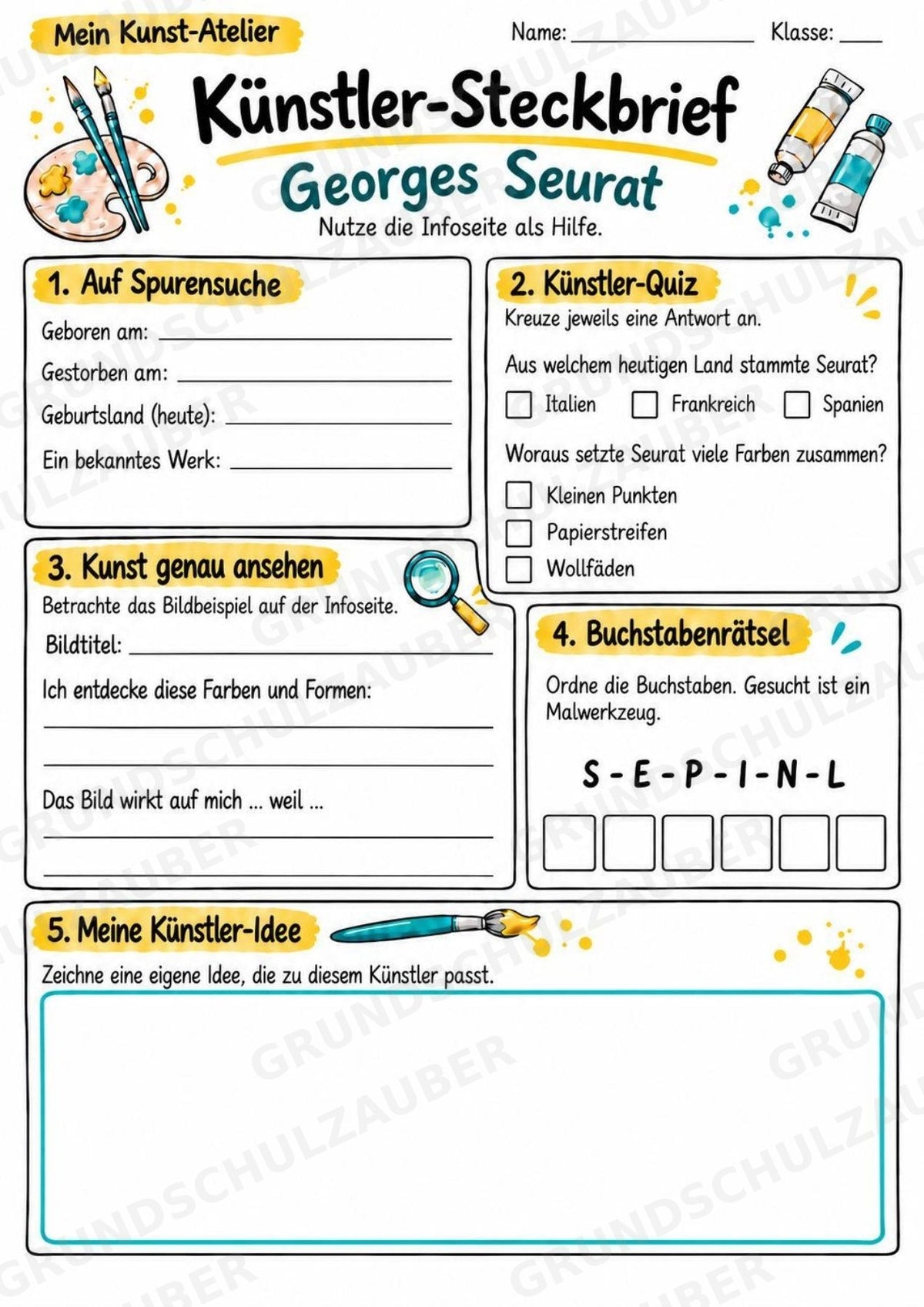 Georges Seurat – Künstler-Steckbrief & Infotext | Kunstunterricht Grundschule Klasse 4–5 | Arbeitsblätter mit Lösungen – Materialseite 3