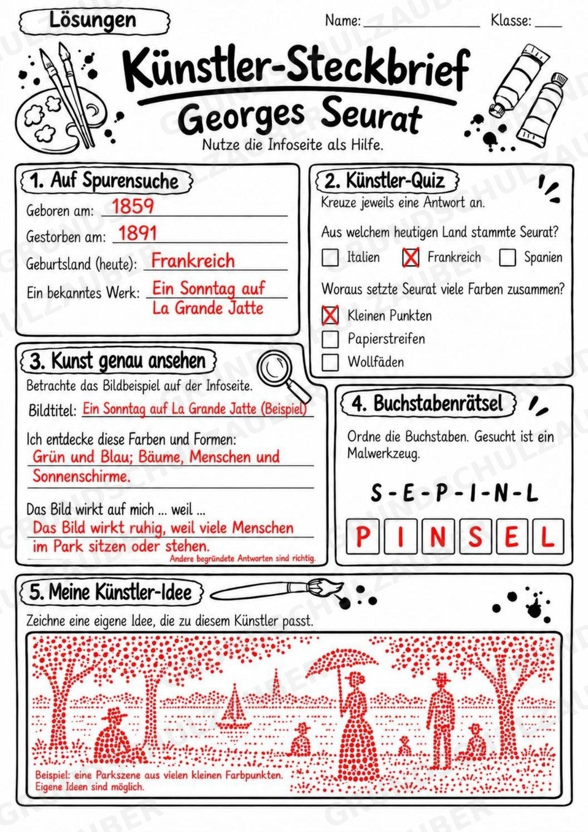 Georges Seurat – Künstler-Steckbrief & Infotext | Kunstunterricht Grundschule Klasse 4–5 | Arbeitsblätter mit Lösungen – Materialseite 5