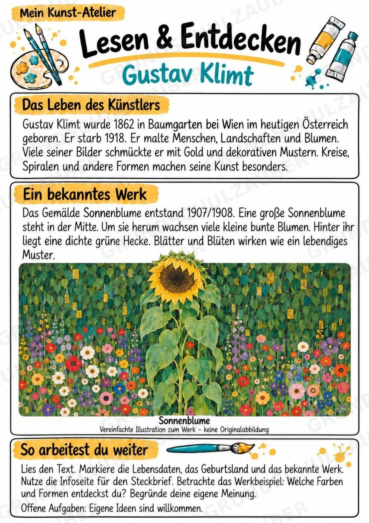 Gustav Klimt – Künstler-Steckbrief & Infotext | Kunstunterricht Grundschule Klasse 4–5 | Arbeitsblätter mit Lösungen – Materialseite 2
