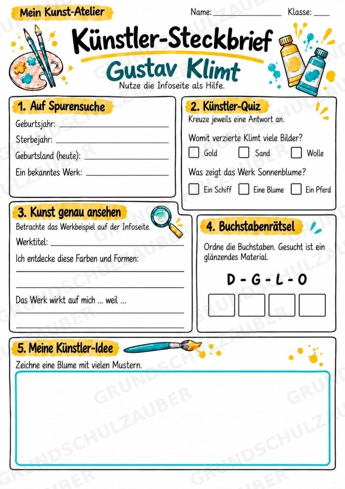 Gustav Klimt – Künstler-Steckbrief & Infotext | Kunstunterricht Grundschule Klasse 4–5 | Arbeitsblätter mit Lösungen – Materialseite 3