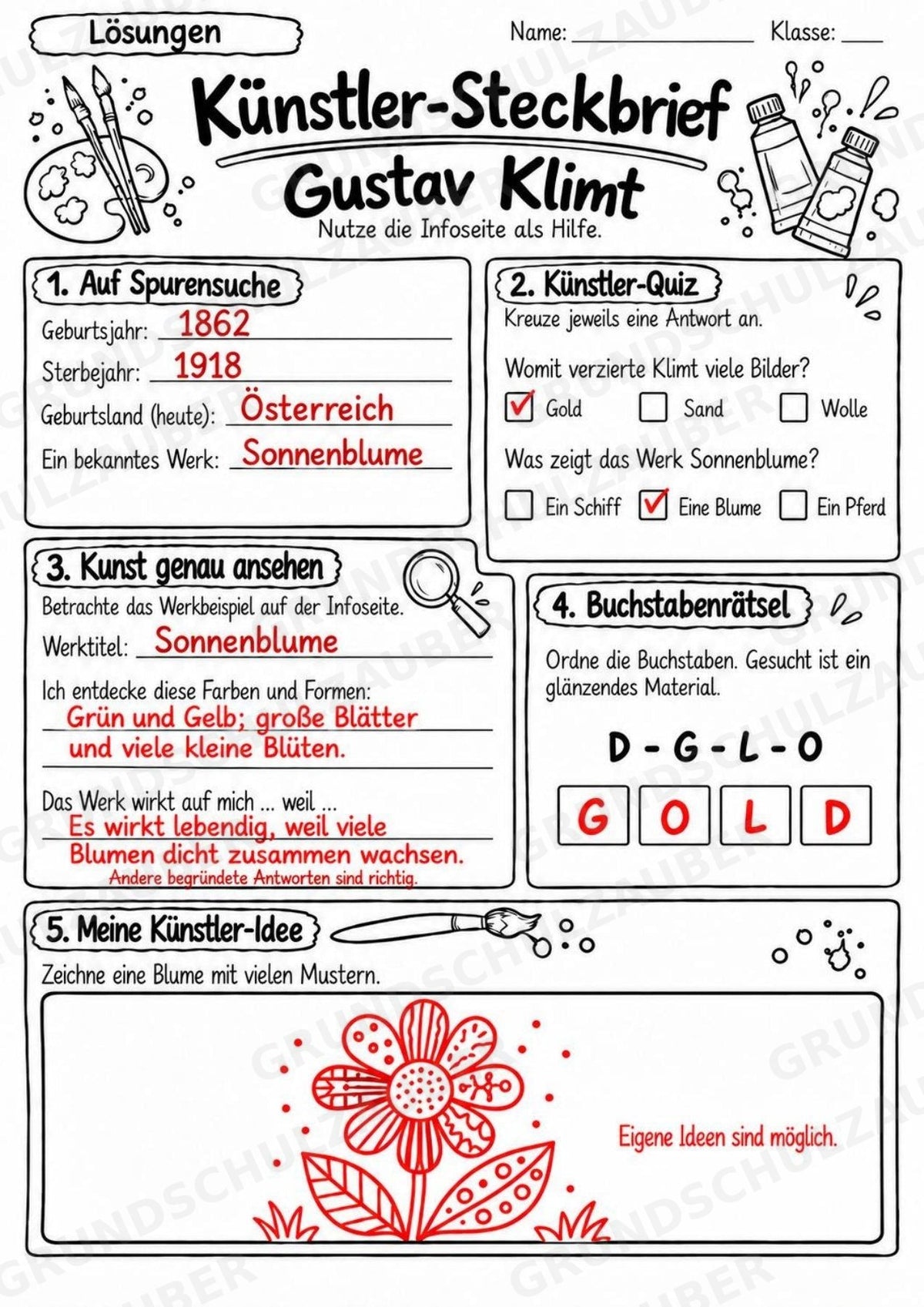 Gustav Klimt – Künstler-Steckbrief & Infotext | Kunstunterricht Grundschule Klasse 4–5 | Arbeitsblätter mit Lösungen – Materialseite 5