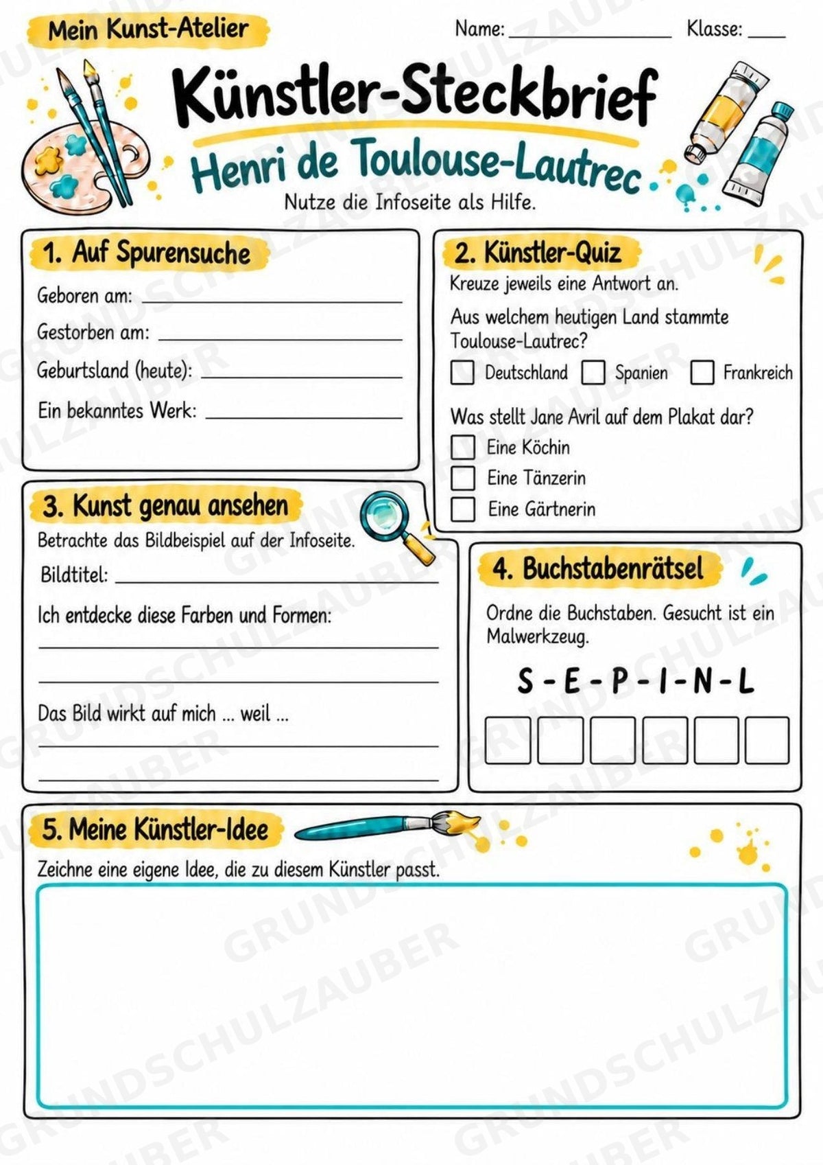 Henri de Toulouse Lautrec – Künstler-Steckbrief & Infotext | Kunstunterricht Grundschule Klasse 4–5 | Arbeitsblätter mit Lösungen – Materialseite 3