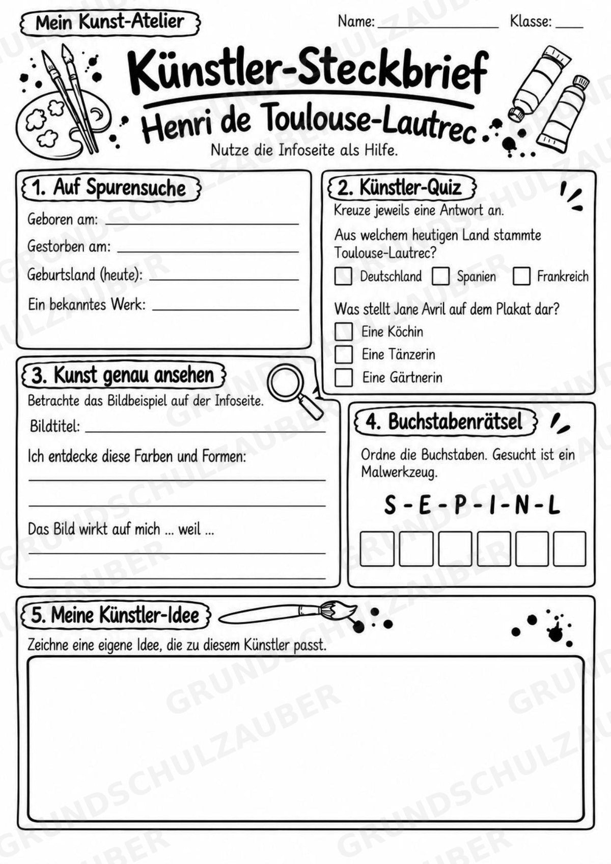Henri de Toulouse Lautrec – Künstler-Steckbrief & Infotext | Kunstunterricht Grundschule Klasse 4–5 | Arbeitsblätter mit Lösungen – Materialseite 4