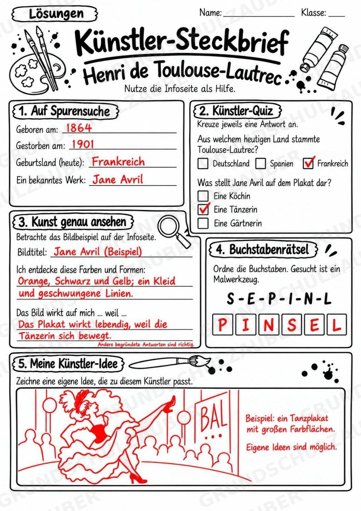 Henri de Toulouse Lautrec – Künstler-Steckbrief & Infotext | Kunstunterricht Grundschule Klasse 4–5 | Arbeitsblätter mit Lösungen – Materialseite 5
