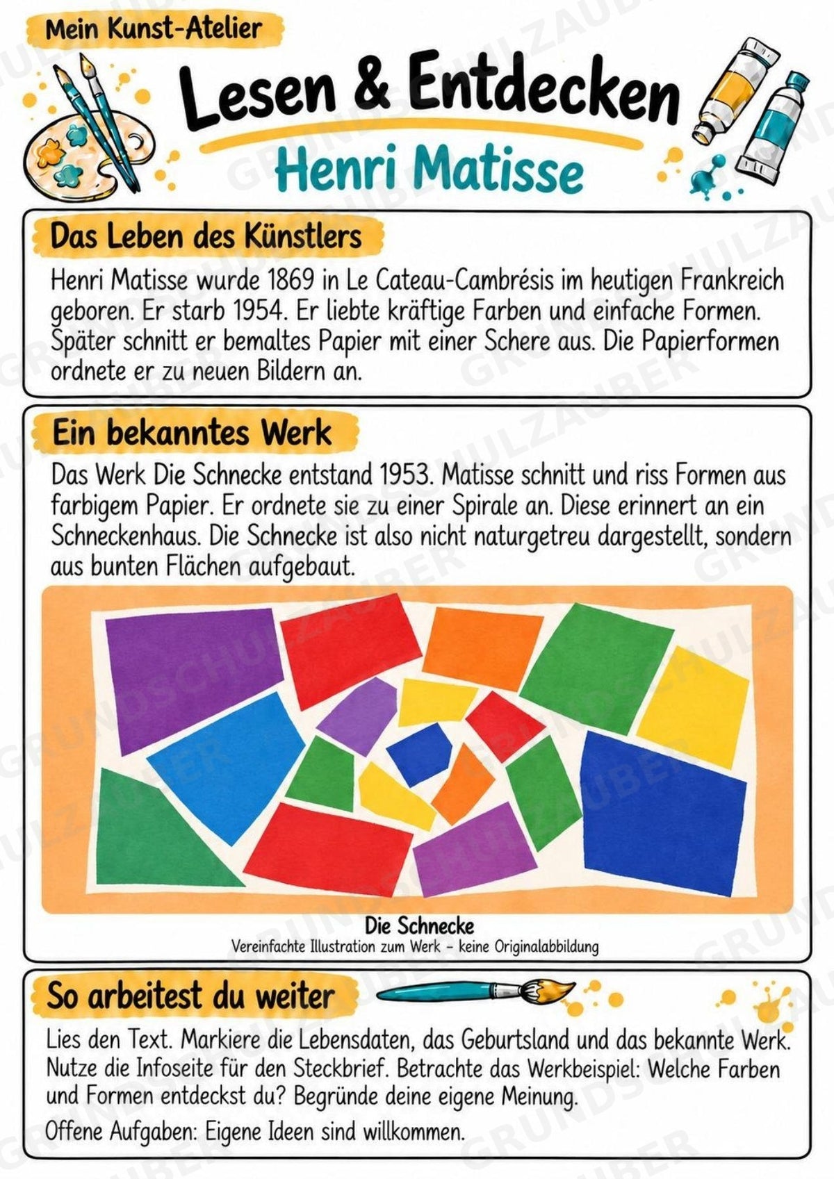 Henri Matisse – Künstler-Steckbrief & Infotext | Kunstunterricht Grundschule Klasse 4–5 | Arbeitsblätter mit Lösungen – Materialseite 2