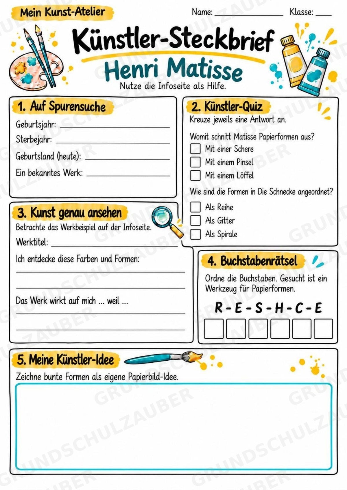 Henri Matisse – Künstler-Steckbrief & Infotext | Kunstunterricht Grundschule Klasse 4–5 | Arbeitsblätter mit Lösungen – Materialseite 3