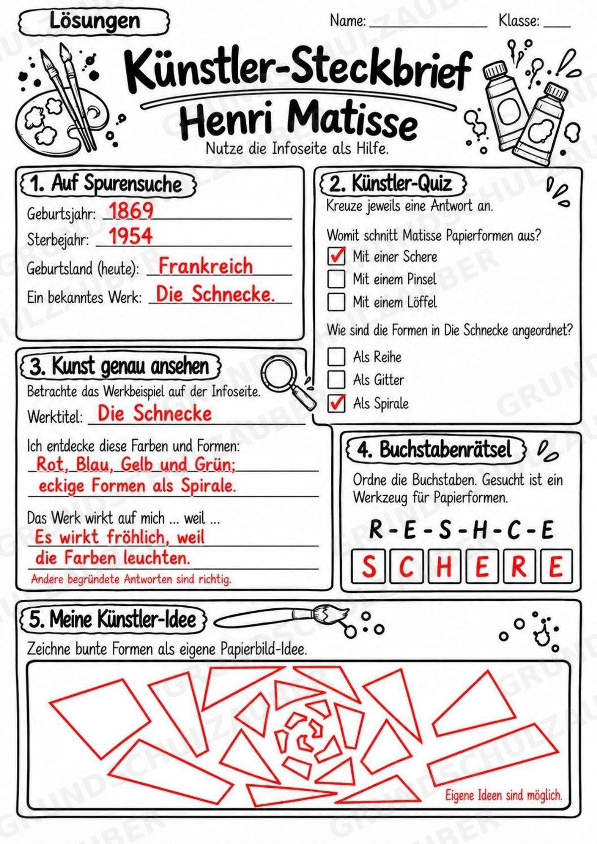 Henri Matisse – Künstler-Steckbrief & Infotext | Kunstunterricht Grundschule Klasse 4–5 | Arbeitsblätter mit Lösungen – Materialseite 5