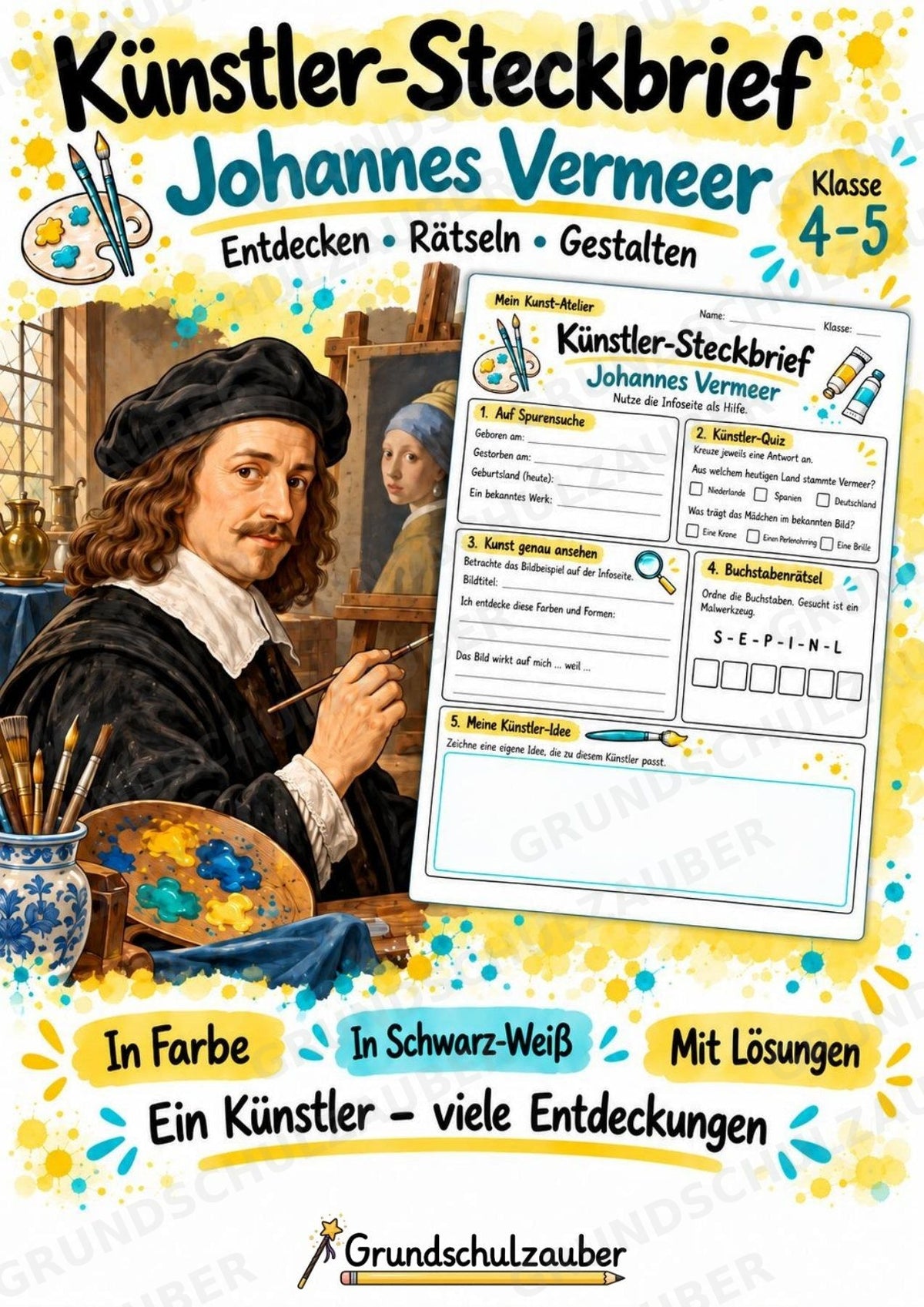 Johannes Vermeer – Künstler-Steckbrief & Infotext | Kunstunterricht Grundschule Klasse 4–5 | Arbeitsblätter mit Lösungen – Cover